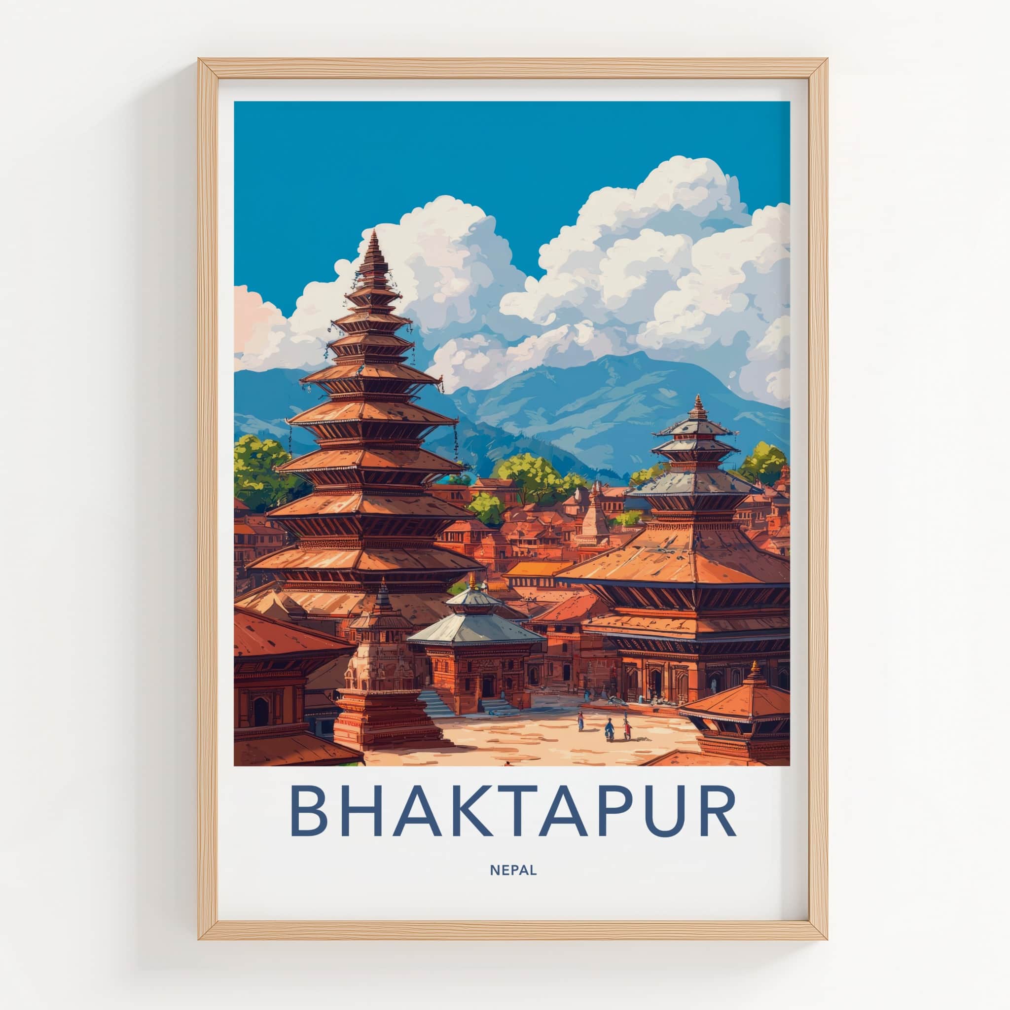 Bhaktapur Poster - Nepal Travel Art - Pagoda Temples Mountains Home Decor