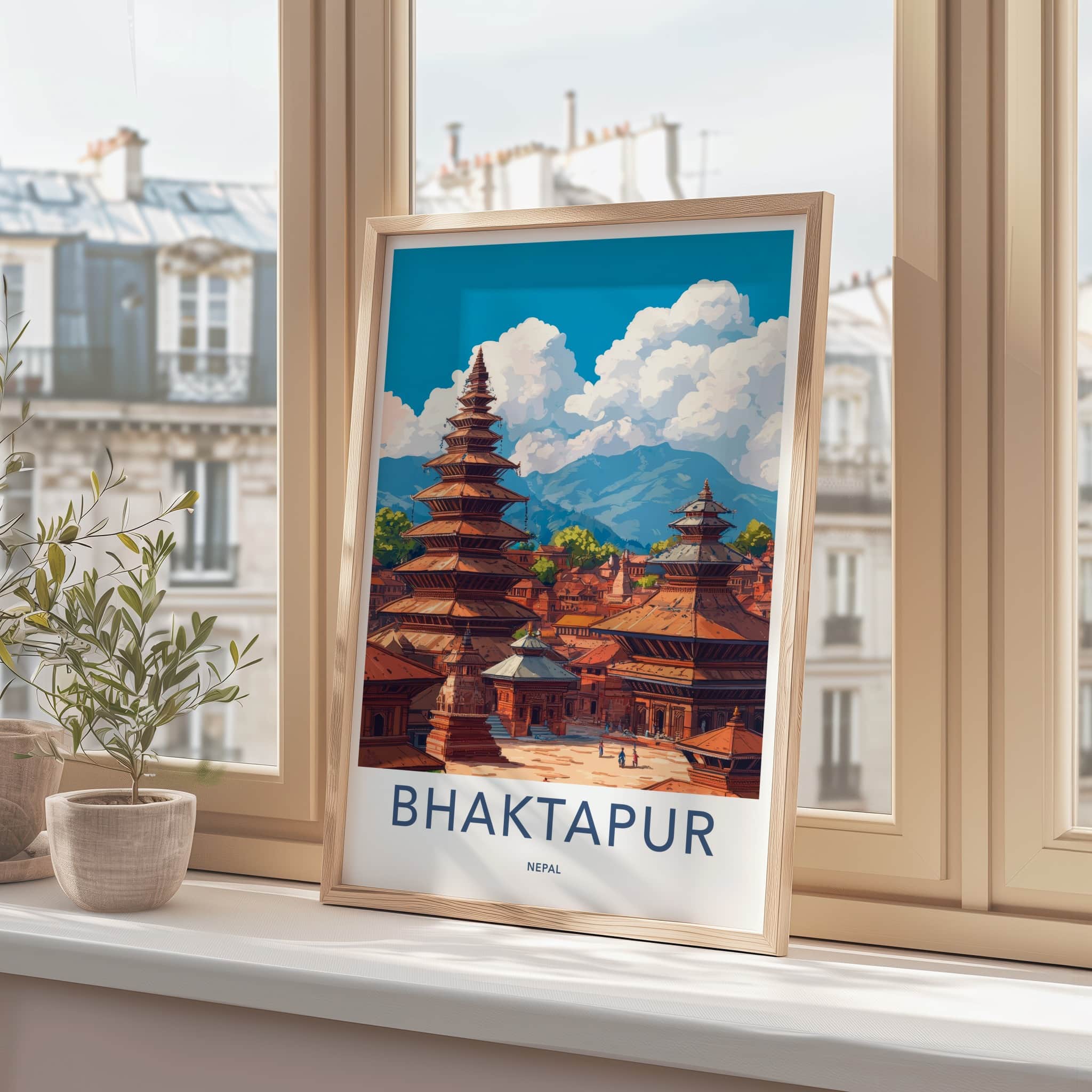 Bhaktapur Poster - Nepal Travel Art - Pagoda Temples Mountains Home Decor