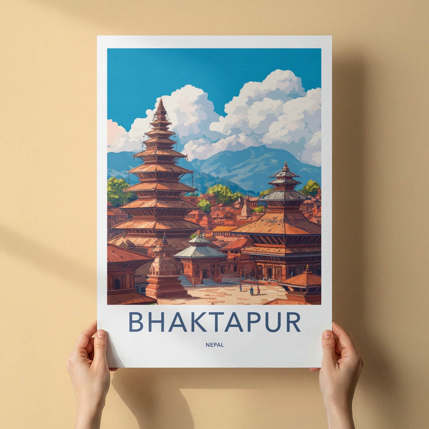 Bhaktapur Poster - Nepal Travel Art - Pagoda Temples Mountains Home Decor