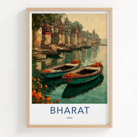 Bharat Poster - India Travel Art - Uttar Pradesh River Boats Home Decor