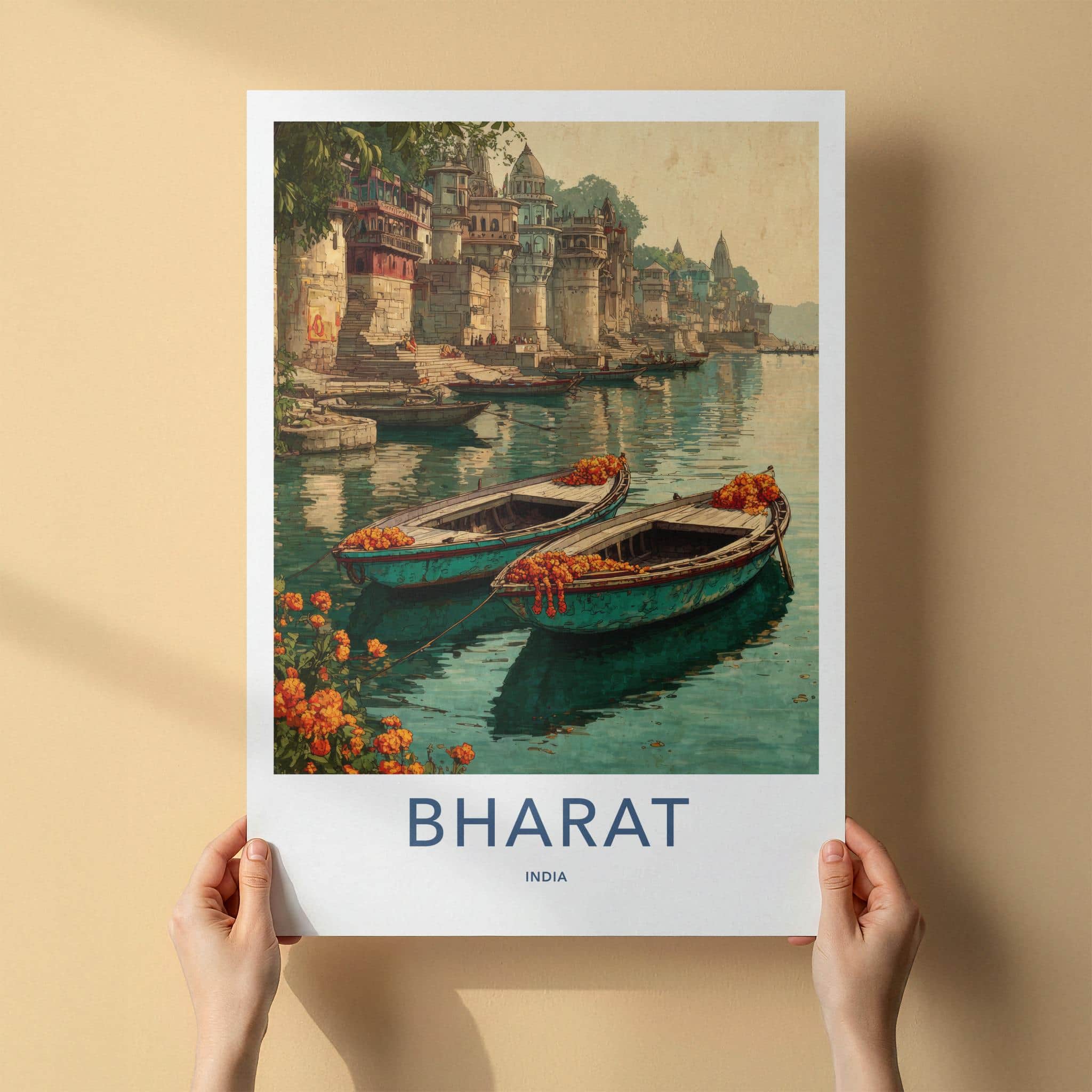 Bharat Poster - India Travel Art - Uttar Pradesh River Boats Home Decor