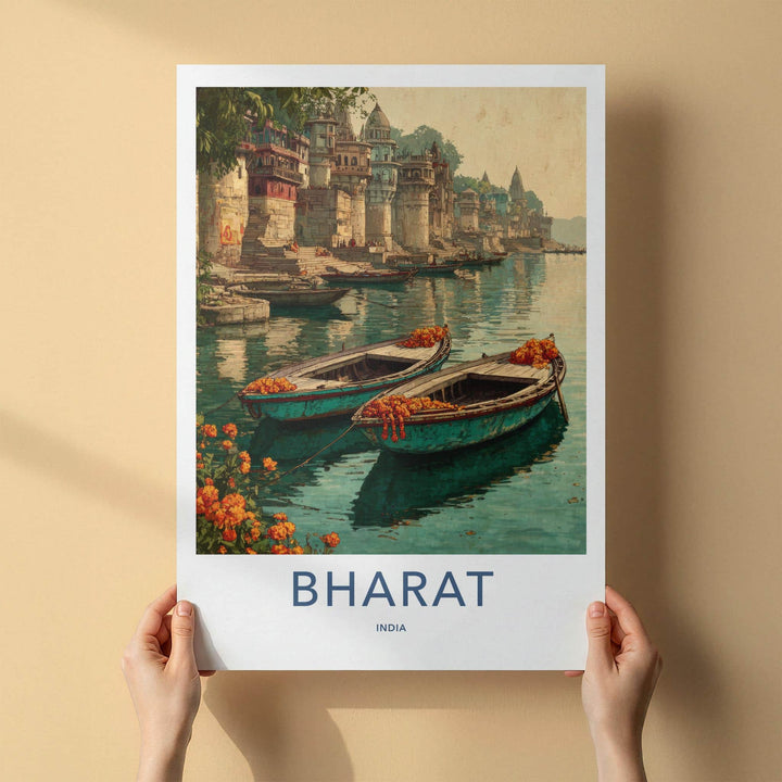 Bharat Poster - India Travel Art - Uttar Pradesh River Boats Home Decor