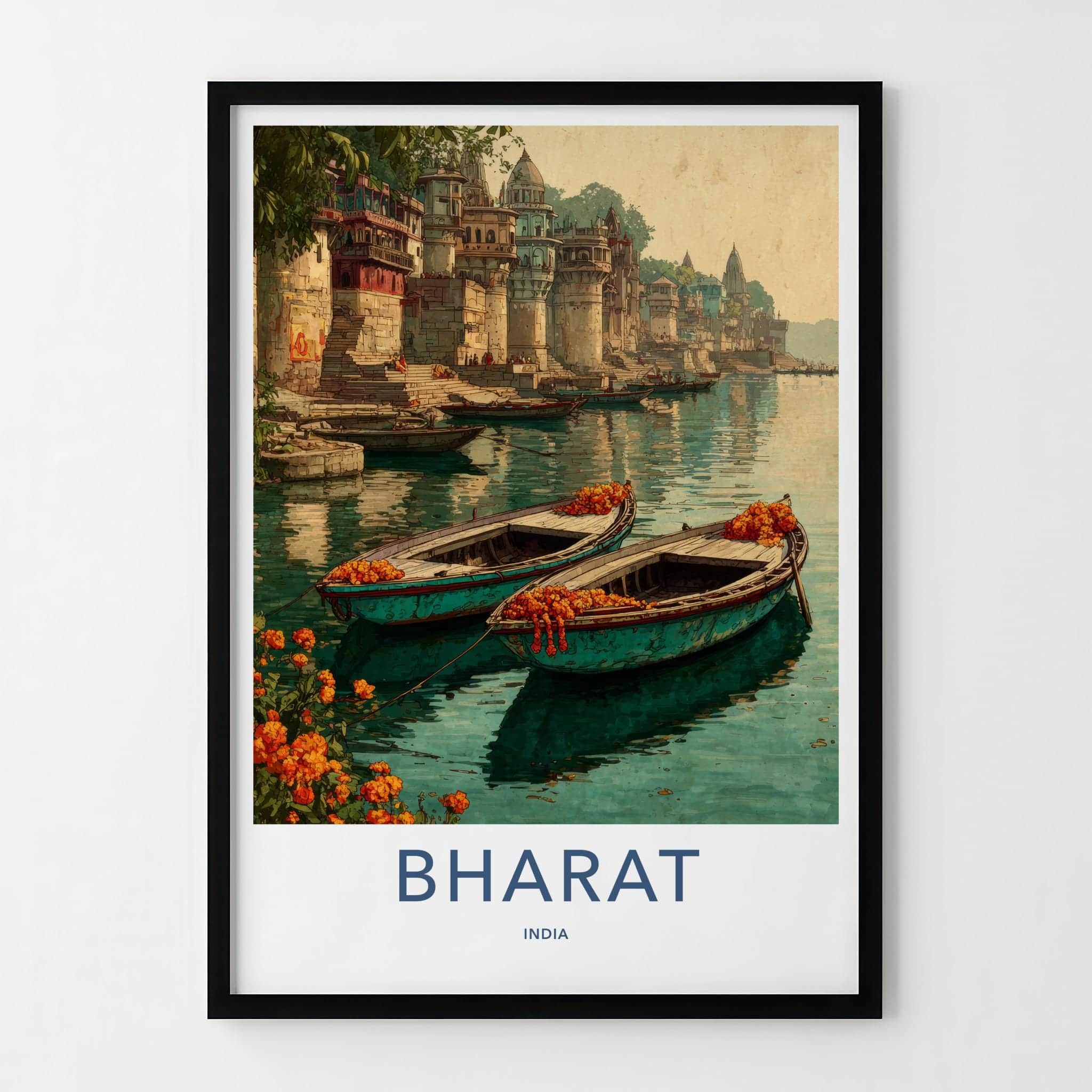 Bharat Poster - India Travel Art - Uttar Pradesh River Boats Home Decor
