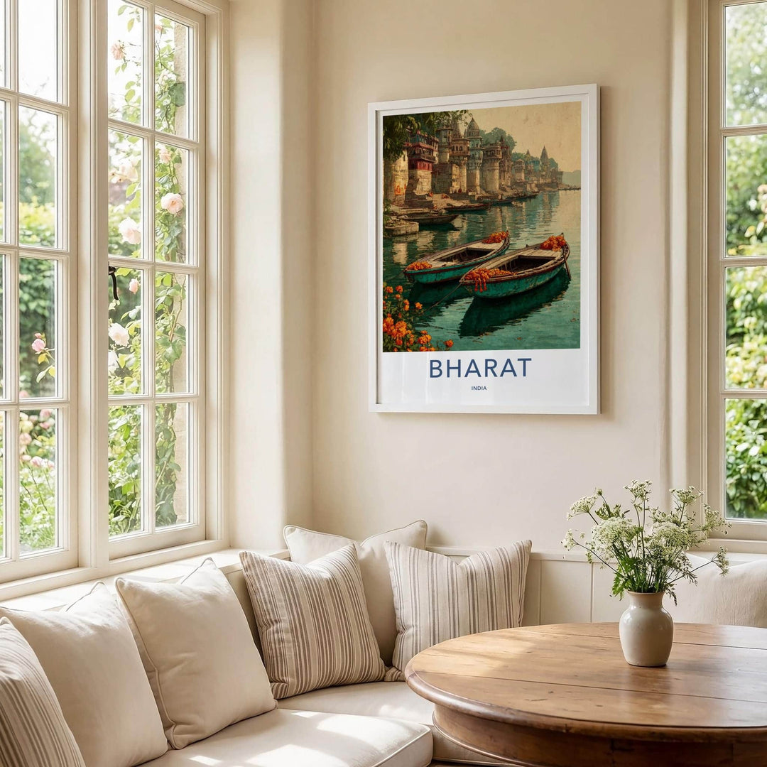 Bharat Poster - India Travel Art - Uttar Pradesh River Boats Home Decor