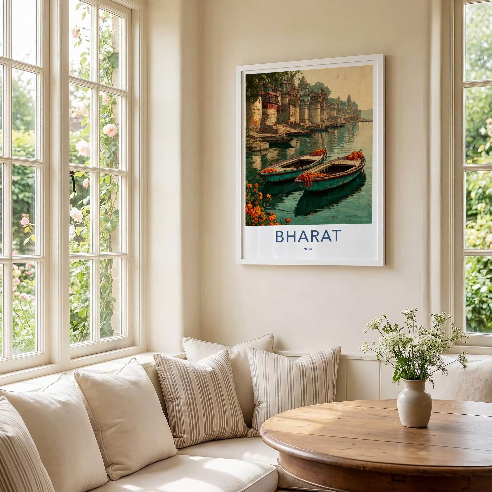 Bharat Poster - India Travel Art - Uttar Pradesh River Boats Home Decor