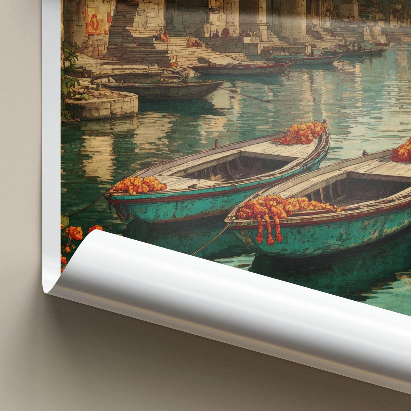 Bharat Poster - India Travel Art - Uttar Pradesh River Boats Home Decor