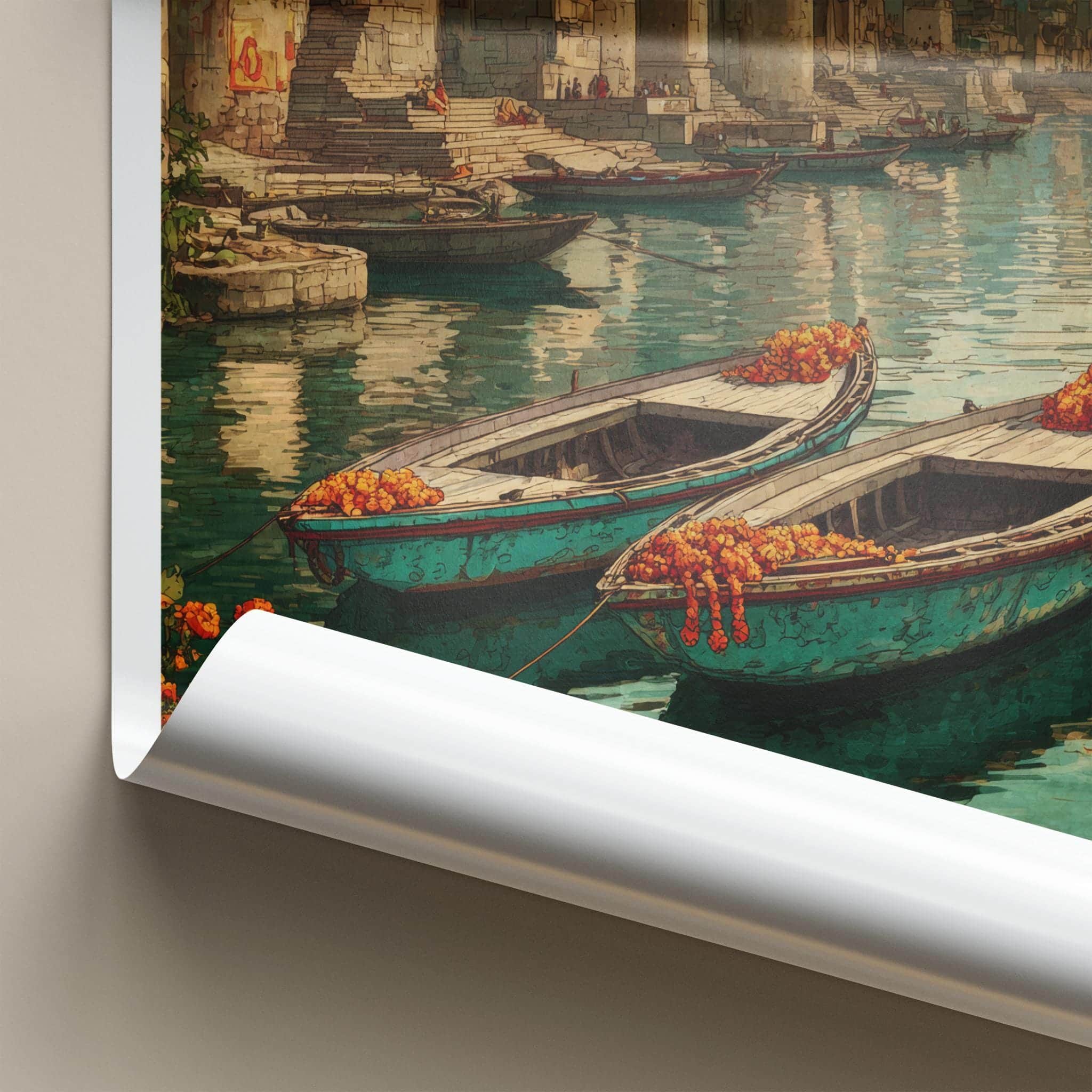 Bharat Poster - India Travel Art - Uttar Pradesh River Boats Home Decor