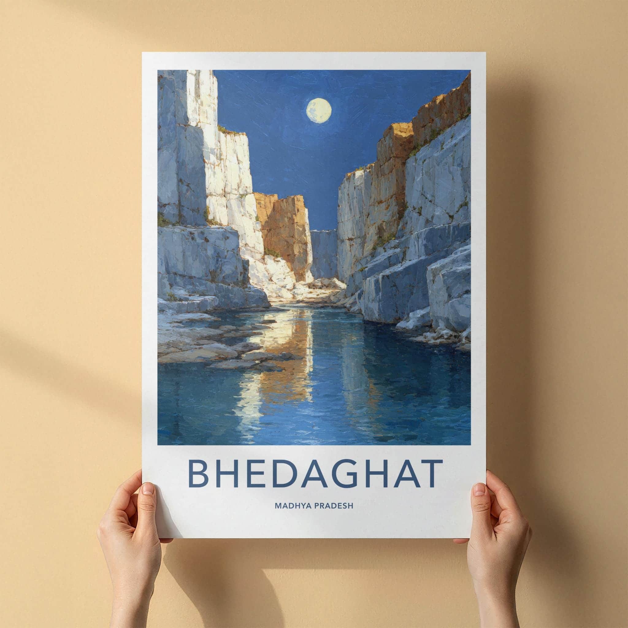 Bhedaghat Poster - India Scenic Art - Madhya Pradesh Moonlit Canyon Gorge Wall Decor