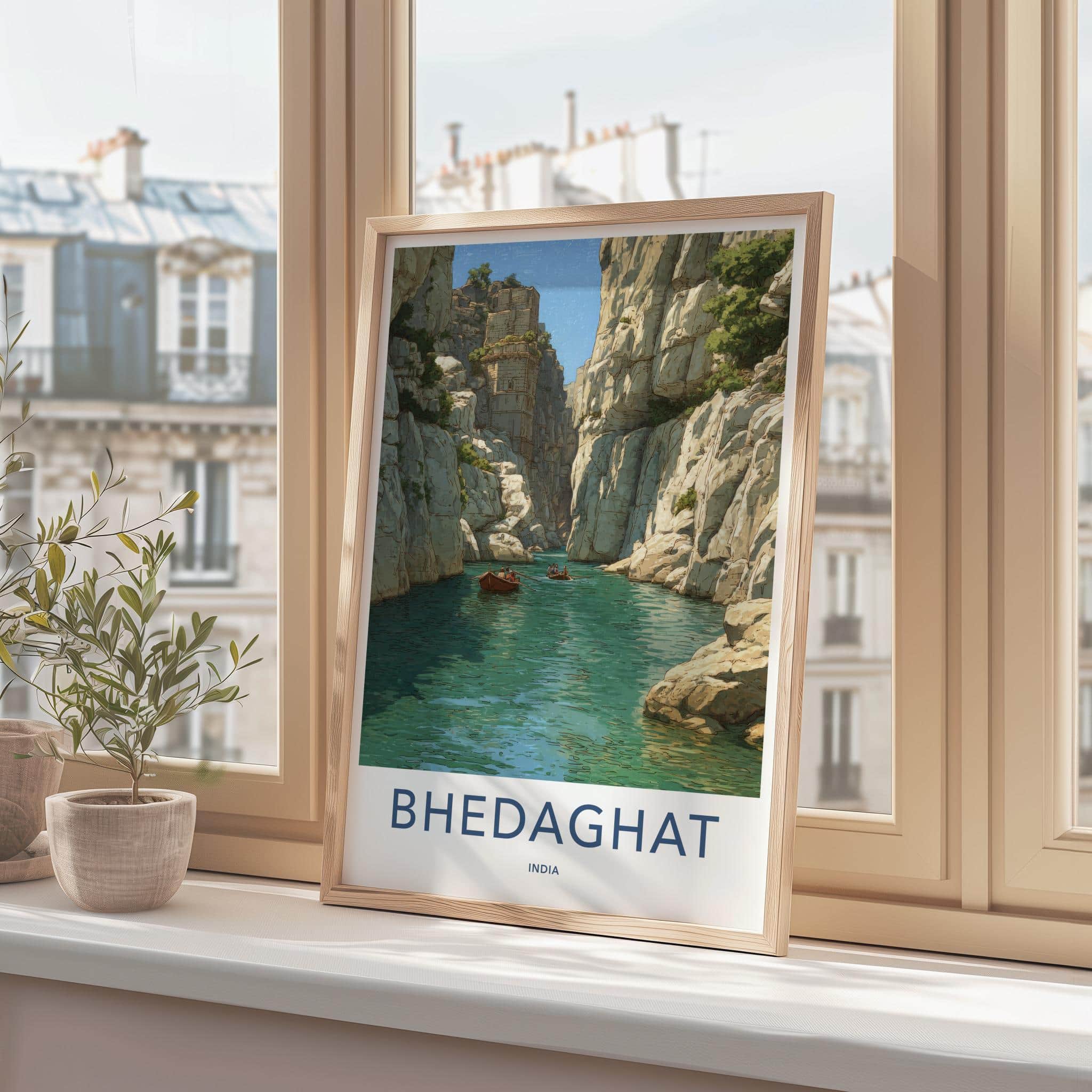 Bhedaghat Poster - India Travel Art - Madhya Pradesh Canyon Boats Wall Decor