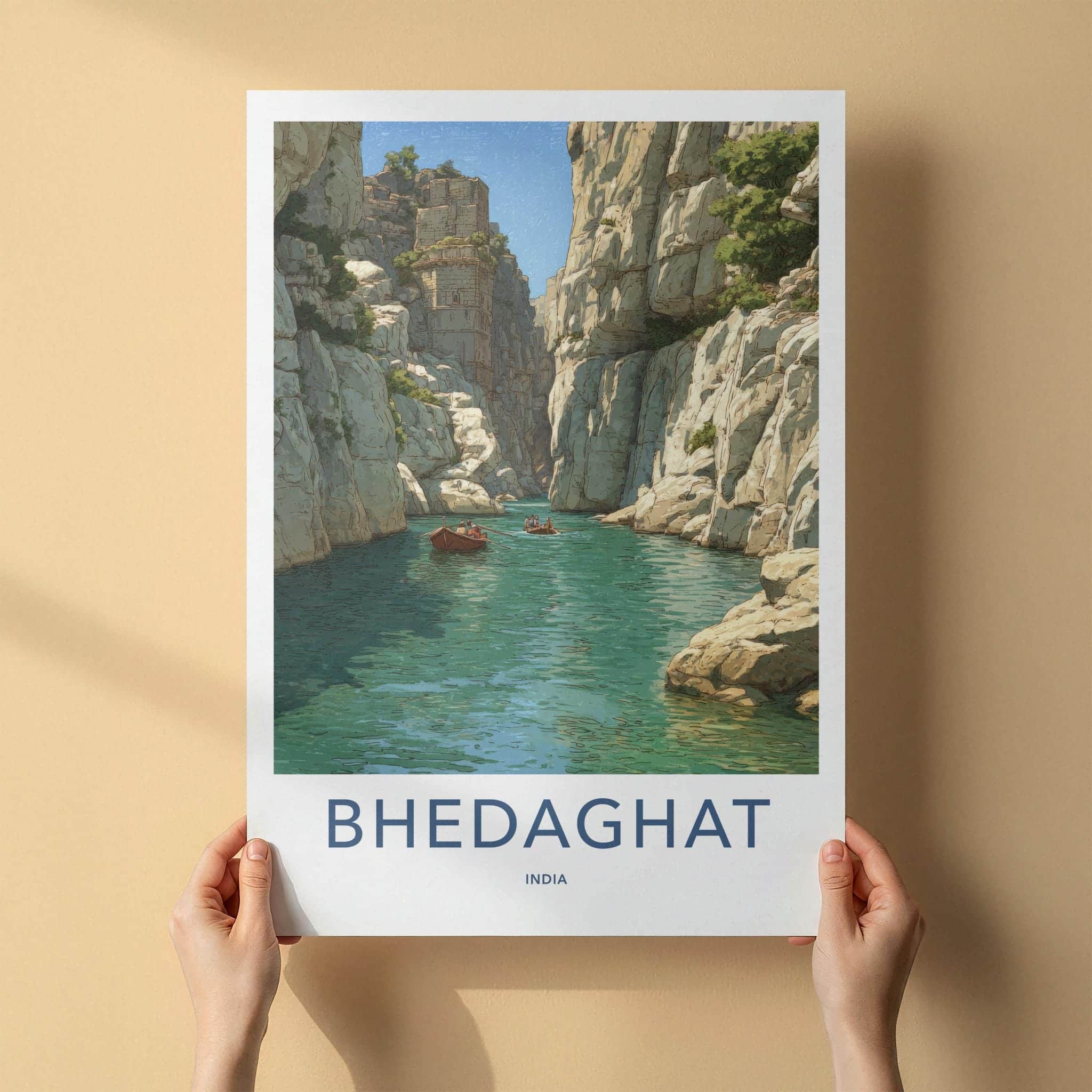 Bhedaghat Poster - India Travel Art - Madhya Pradesh Canyon Boats Wall Decor