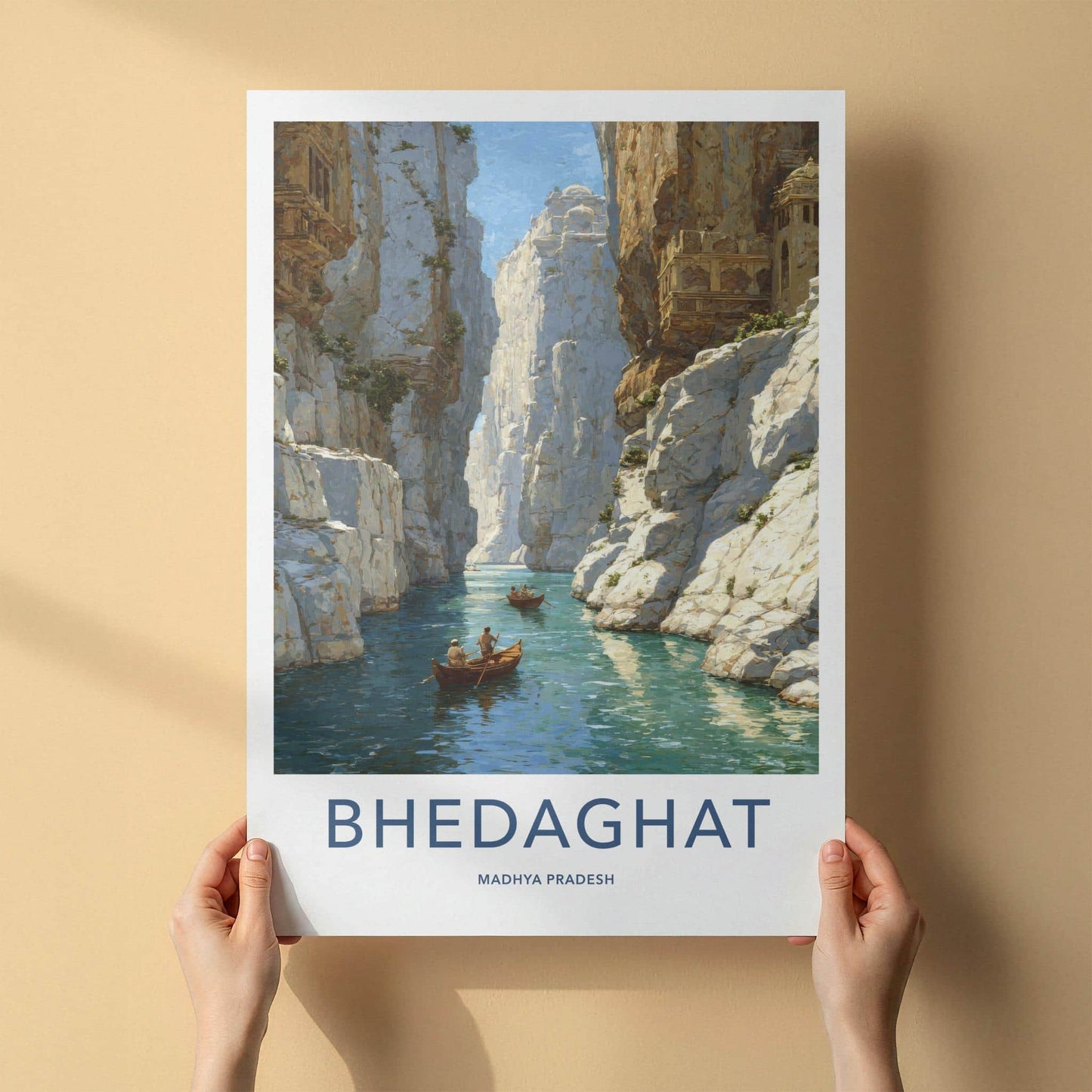 Bhedaghat Poster - India Travel Art - Madhya Pradesh Gorge Boats Wall Decor