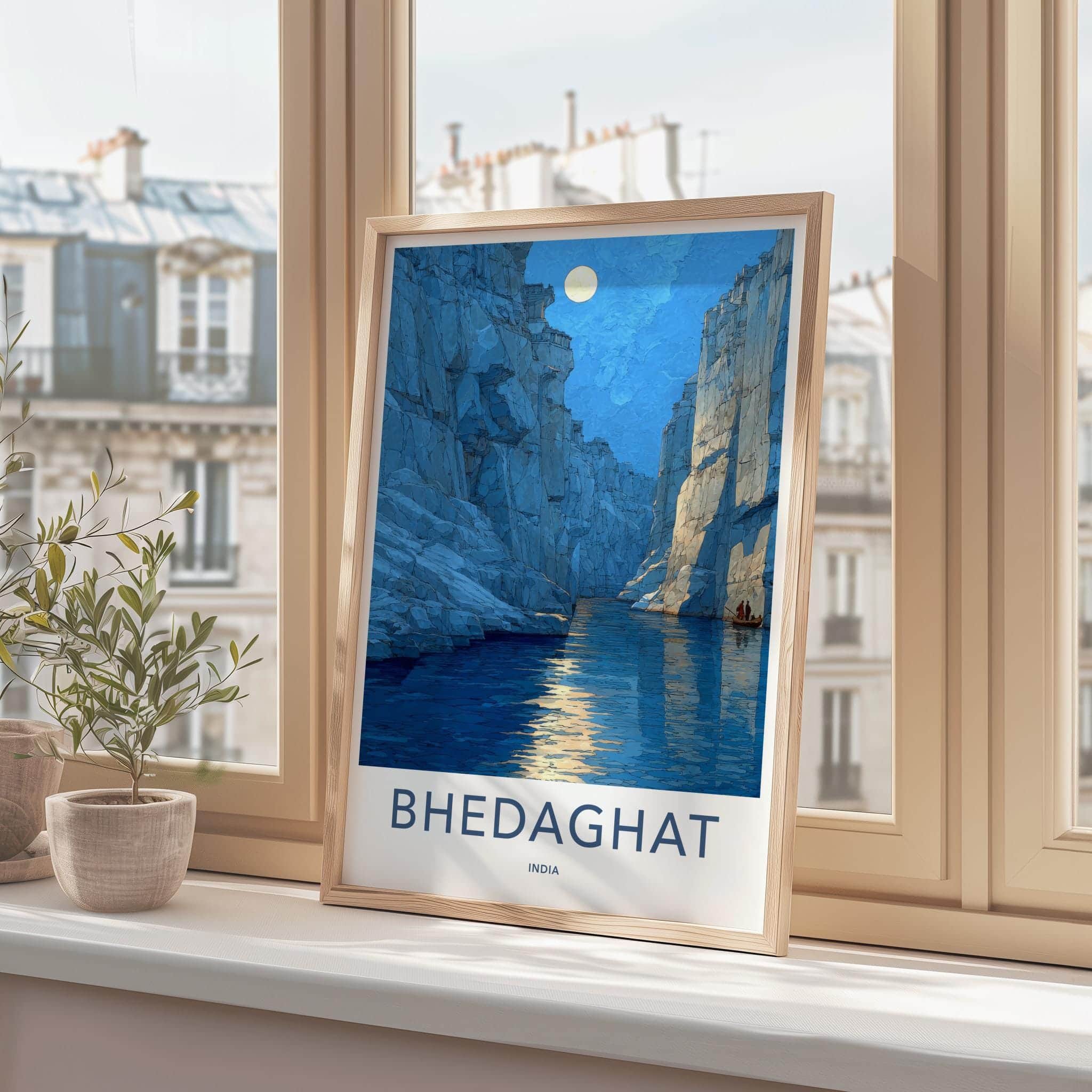 Bhedaghat Poster - India Travel Art - Madhya Pradesh Moonlit Gorge Home Decor