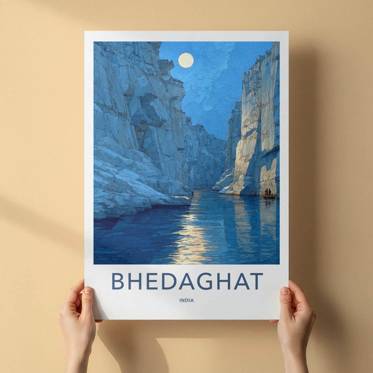 Bhedaghat Poster - India Travel Art - Madhya Pradesh Moonlit Gorge Home Decor