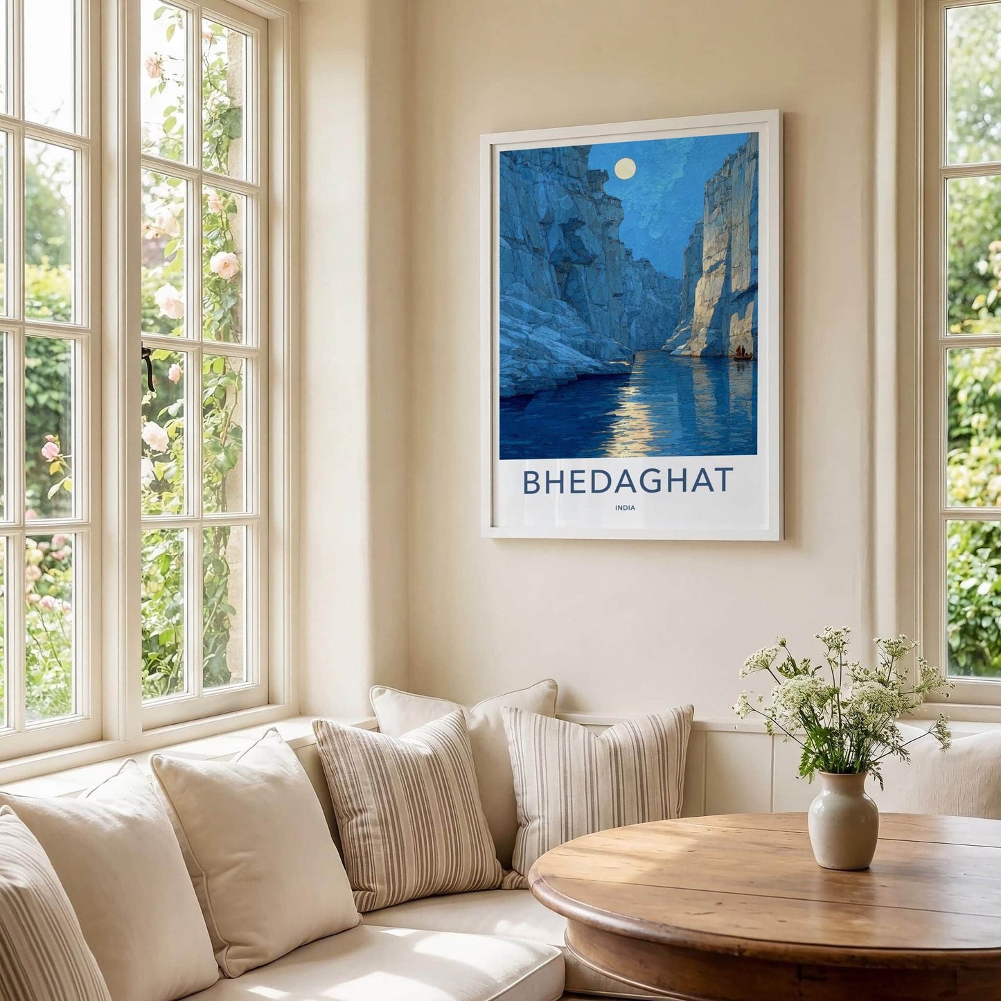 Bhedaghat Poster - India Travel Art - Madhya Pradesh Moonlit Gorge Home Decor