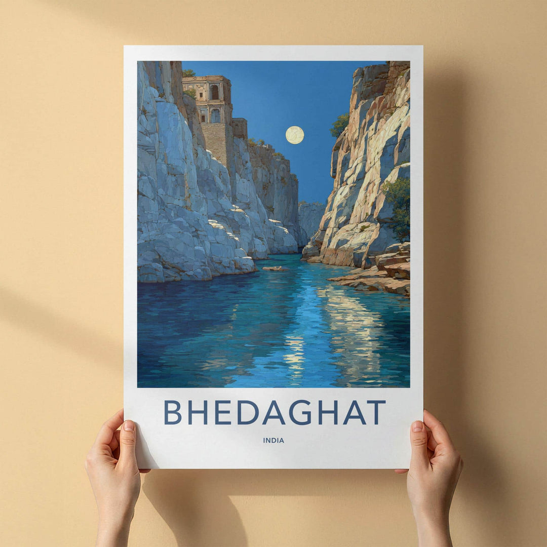 Bhedaghat Poster - India Travel Art - Madhya Pradesh Moonlit Gorge Wall Decor