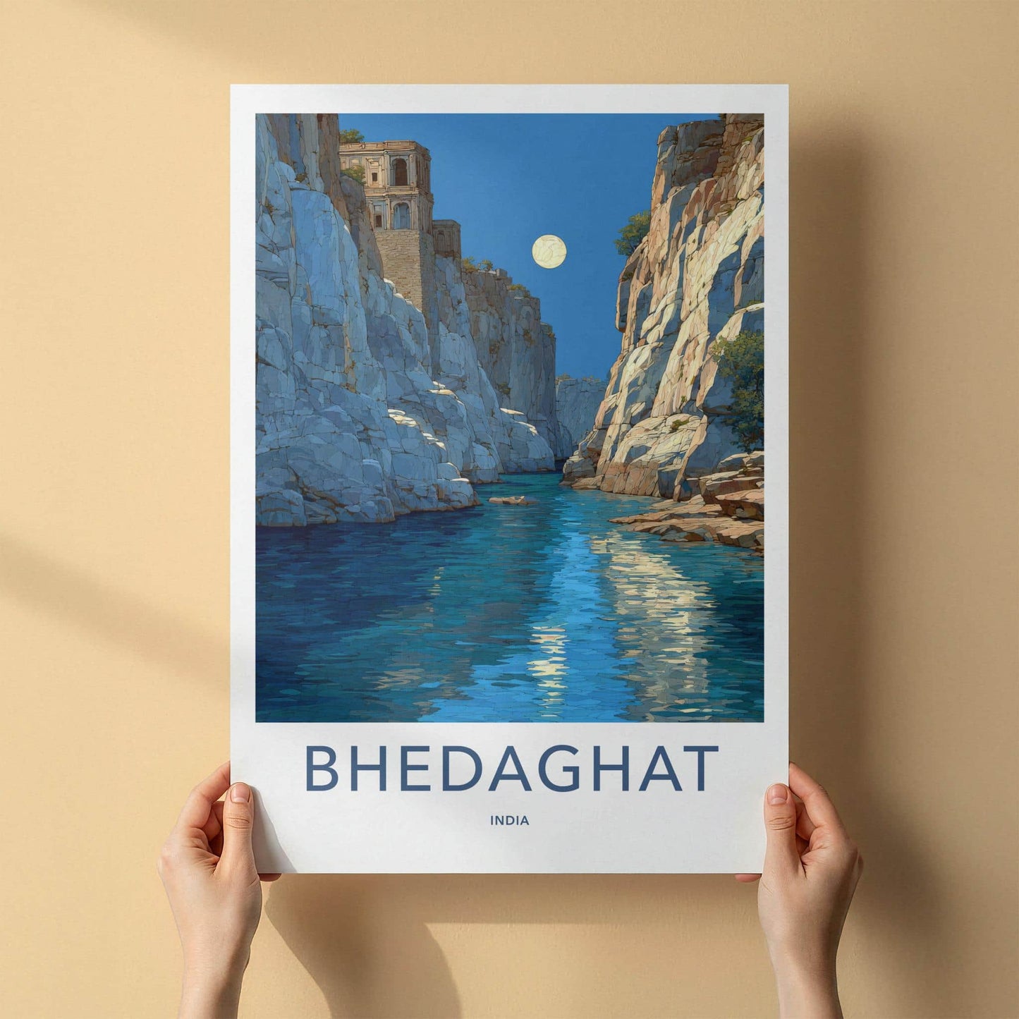 Bhedaghat Poster - India Travel Art - Madhya Pradesh Moonlit Gorge Wall Decor