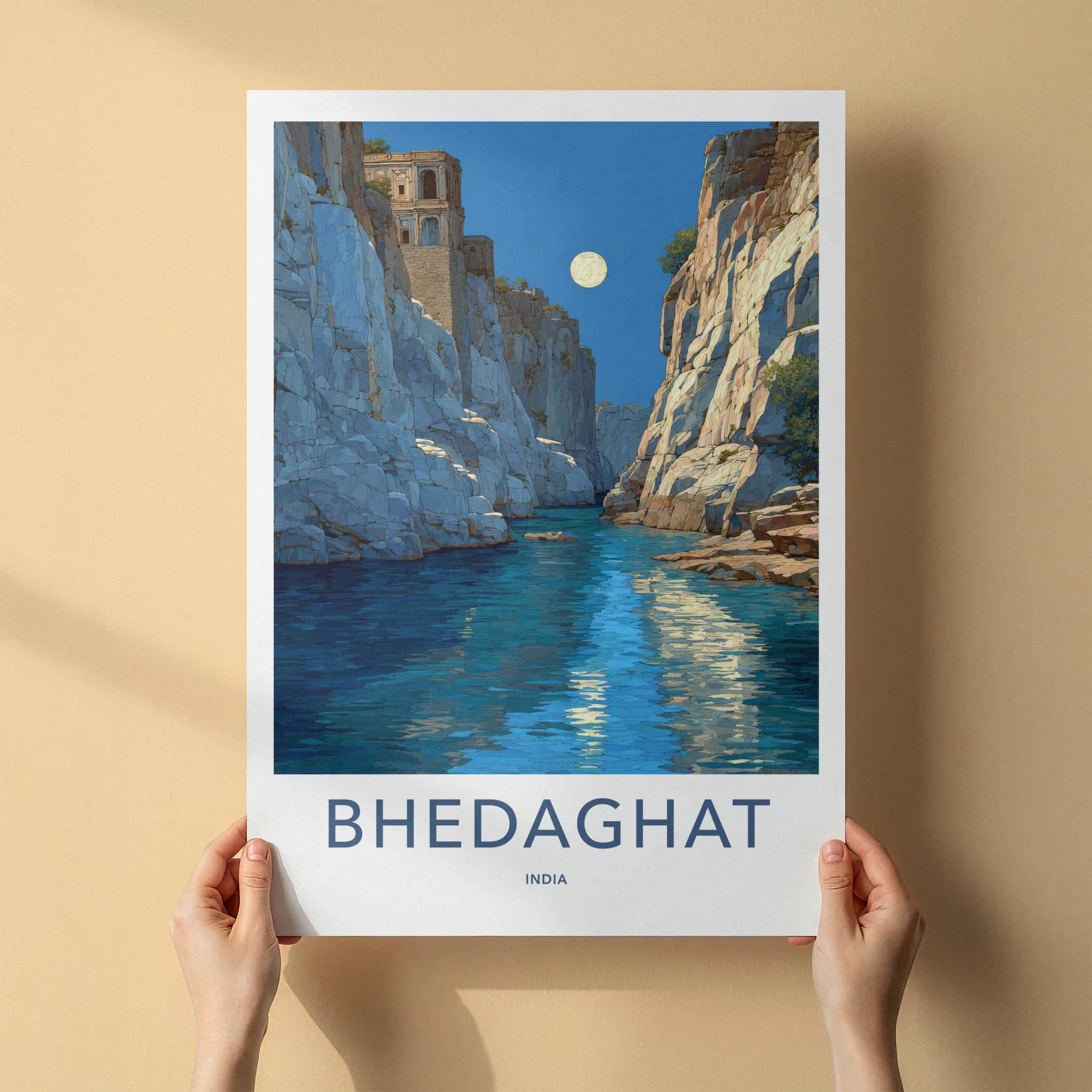 Bhedaghat Poster - India Travel Art - Madhya Pradesh Moonlit Gorge Wall Decor