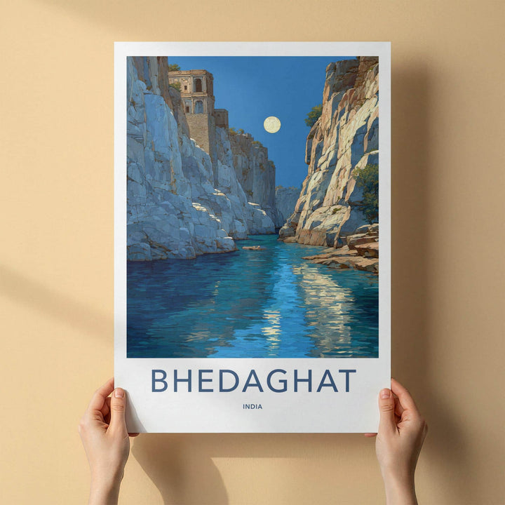 Bhedaghat Poster - India Travel Art - Madhya Pradesh Moonlit Gorge Wall Decor