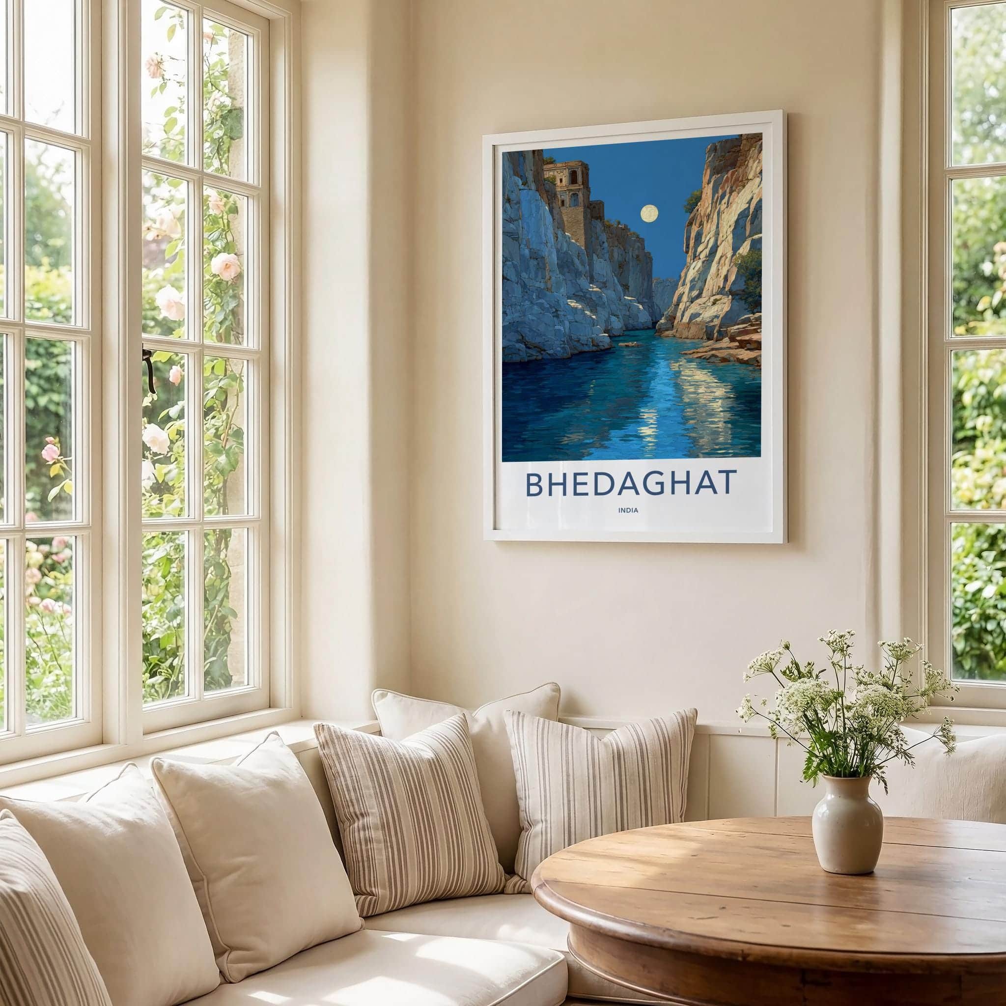 Bhedaghat Poster - India Travel Art - Madhya Pradesh Moonlit Gorge Wall Decor
