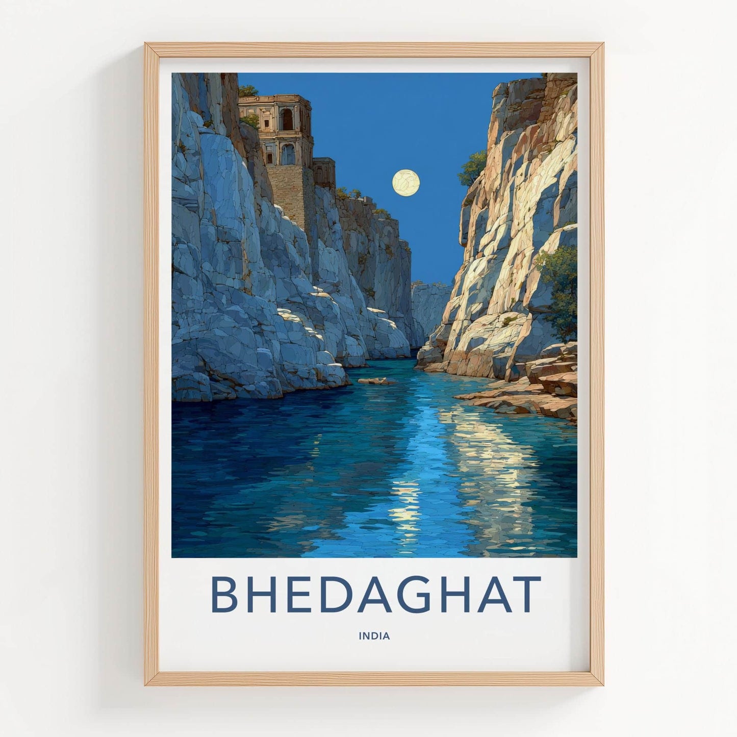 Bhedaghat Poster - India Travel Art - Madhya Pradesh Moonlit Gorge Wall Decor