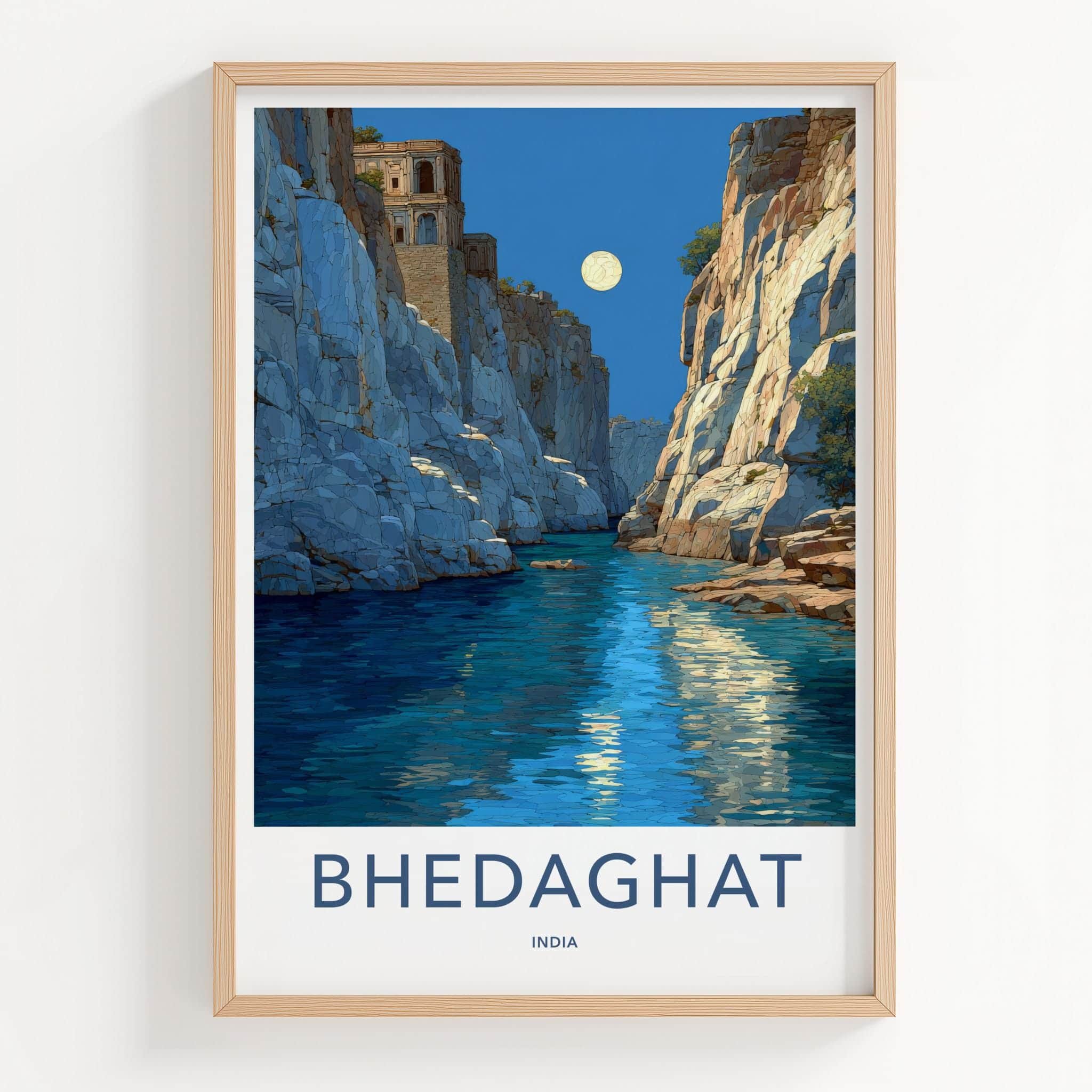 Bhedaghat Poster - India Travel Art - Madhya Pradesh Moonlit Gorge Wall Decor