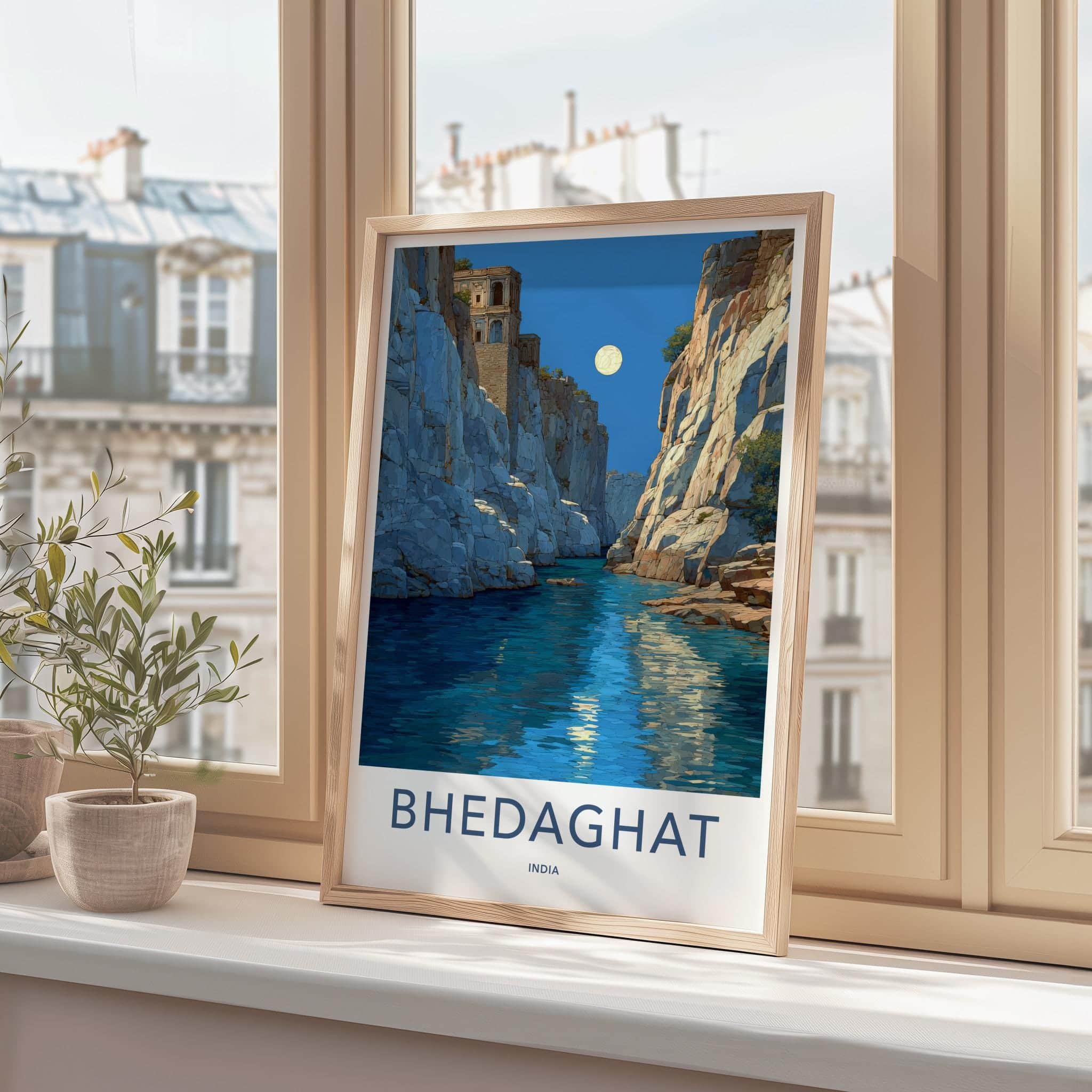 Bhedaghat Poster - India Travel Art - Madhya Pradesh Moonlit Gorge Wall Decor