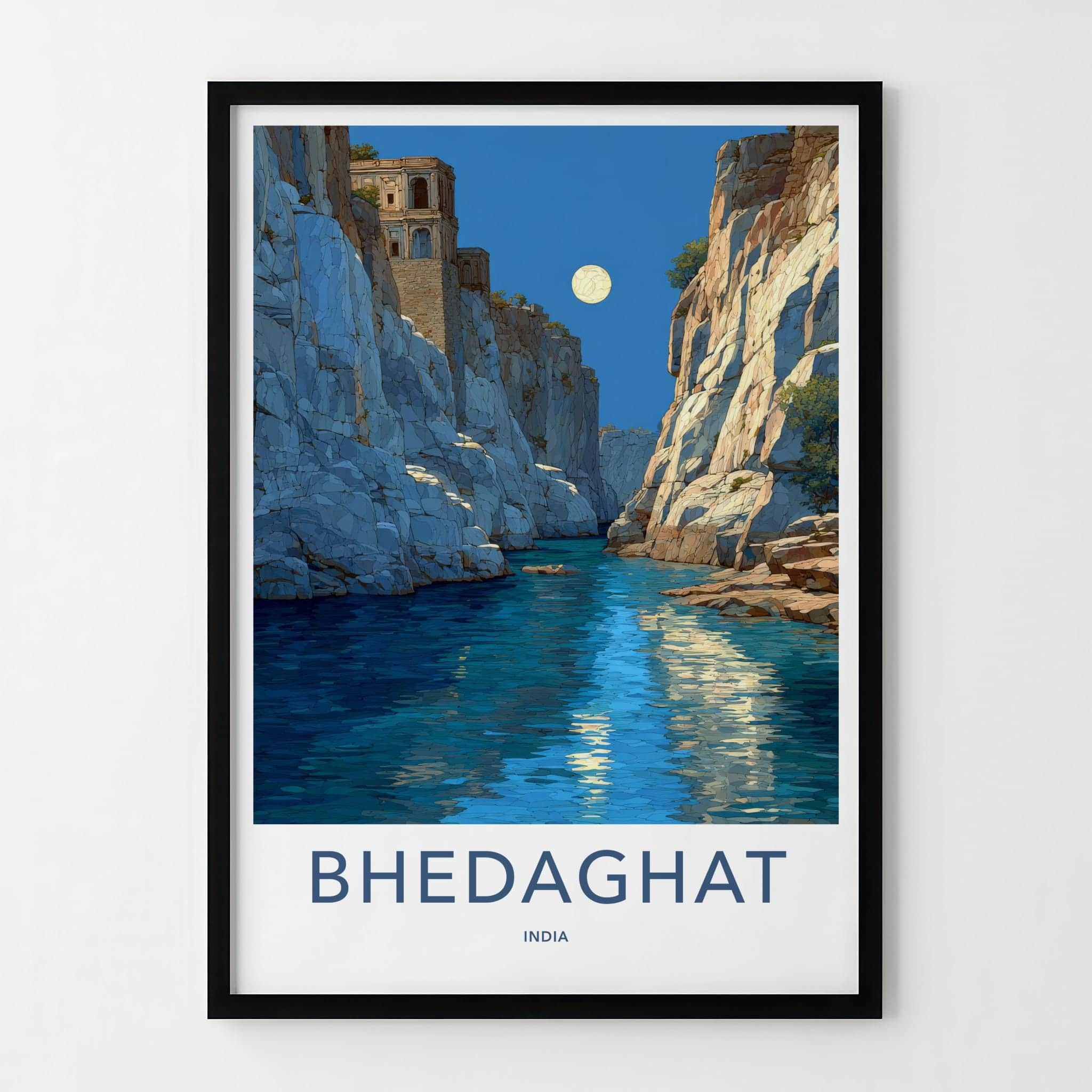 Bhedaghat Poster - India Travel Art - Madhya Pradesh Moonlit Gorge Wall Decor