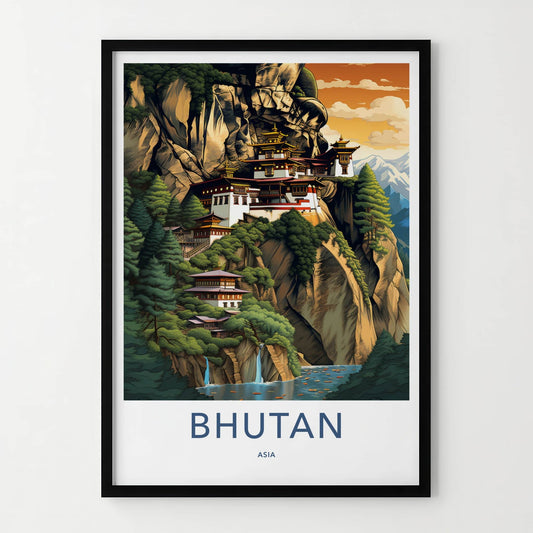 Bhutan Poster - Bhutan Travel Art - Cliffside Monastery Waterfalls Home Decor