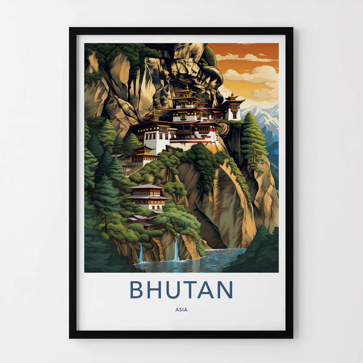 Bhutan Poster - Bhutan Travel Art - Cliffside Monastery Waterfalls Home Decor