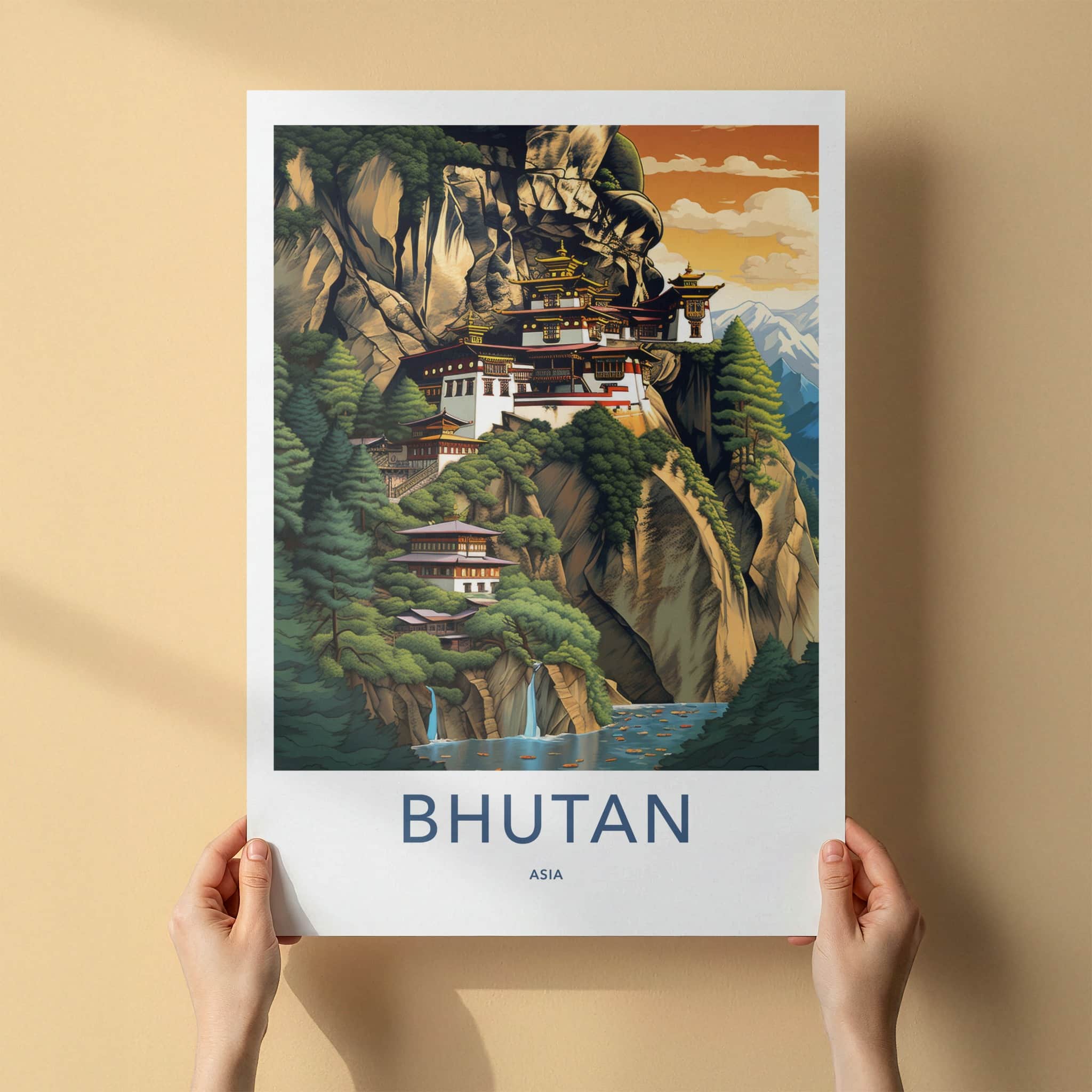 Bhutan Poster - Bhutan Travel Art - Cliffside Monastery Waterfalls Home Decor