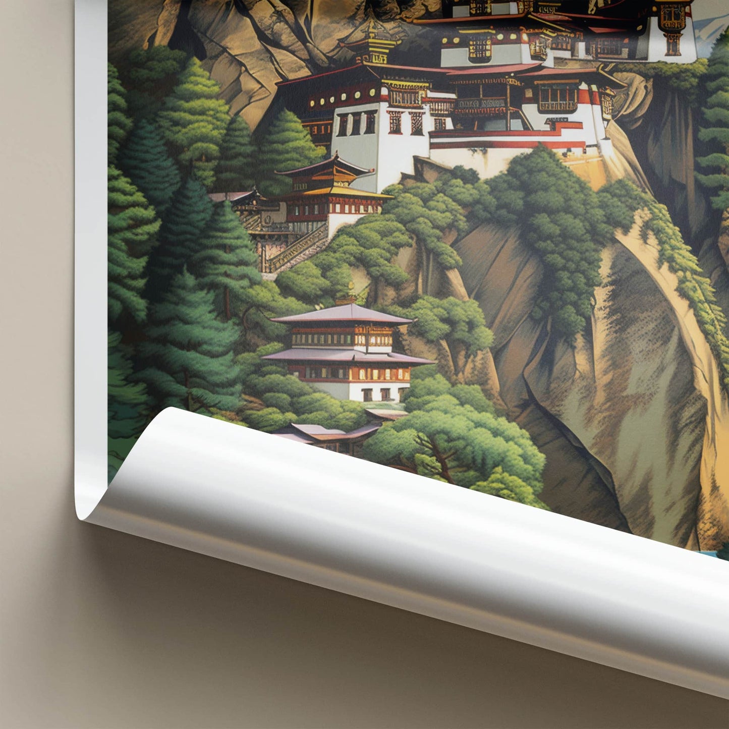 Bhutan Poster - Bhutan Travel Art - Cliffside Monastery Waterfalls Home Decor