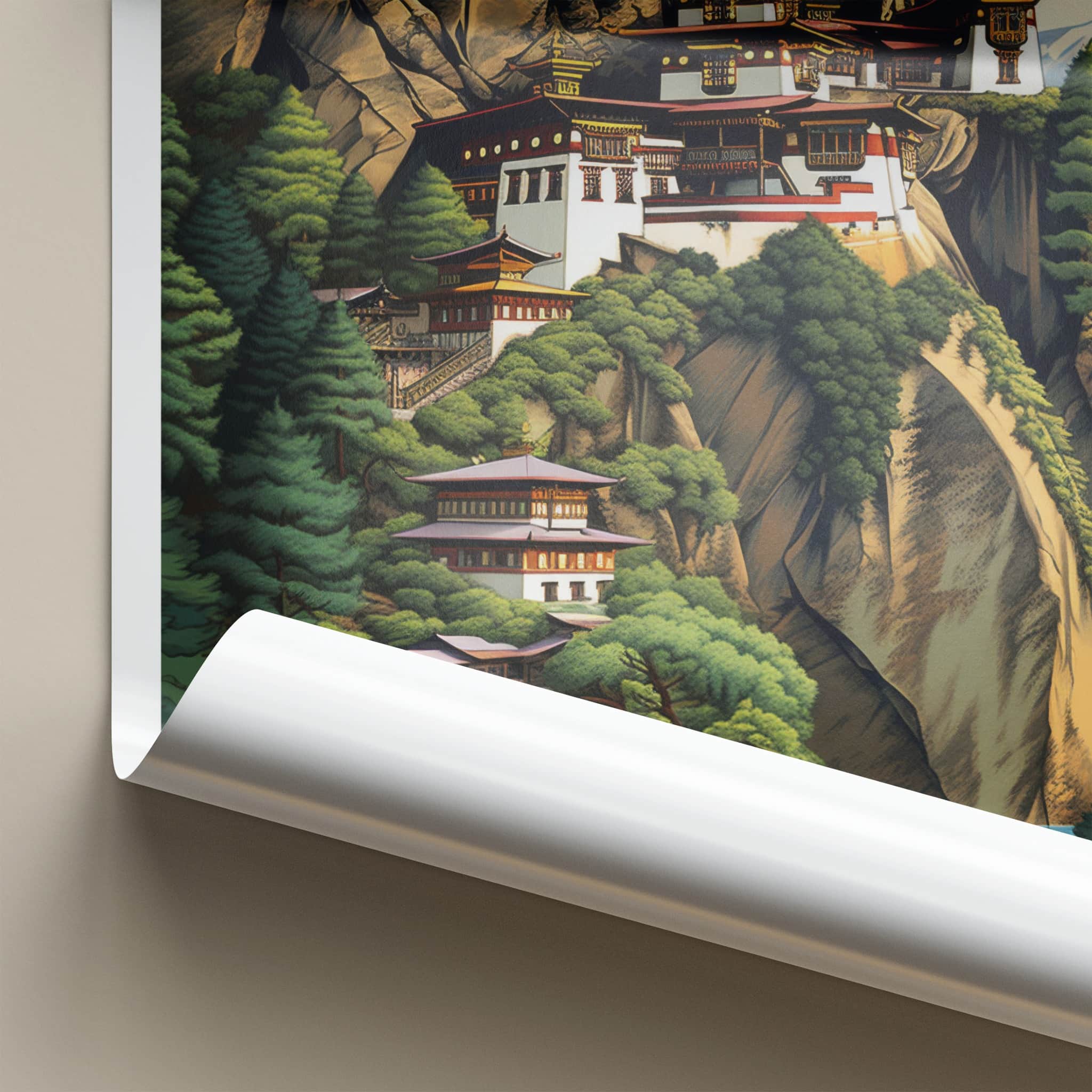 Bhutan Poster - Bhutan Travel Art - Cliffside Monastery Waterfalls Home Decor