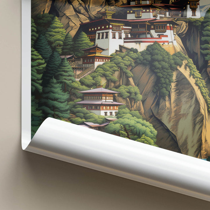 Bhutan Poster - Bhutan Travel Art - Cliffside Monastery Waterfalls Home Decor