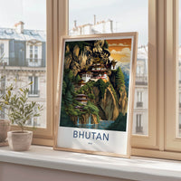 Bhutan Poster - Bhutan Travel Art - Cliffside Monastery Waterfalls Home Decor
