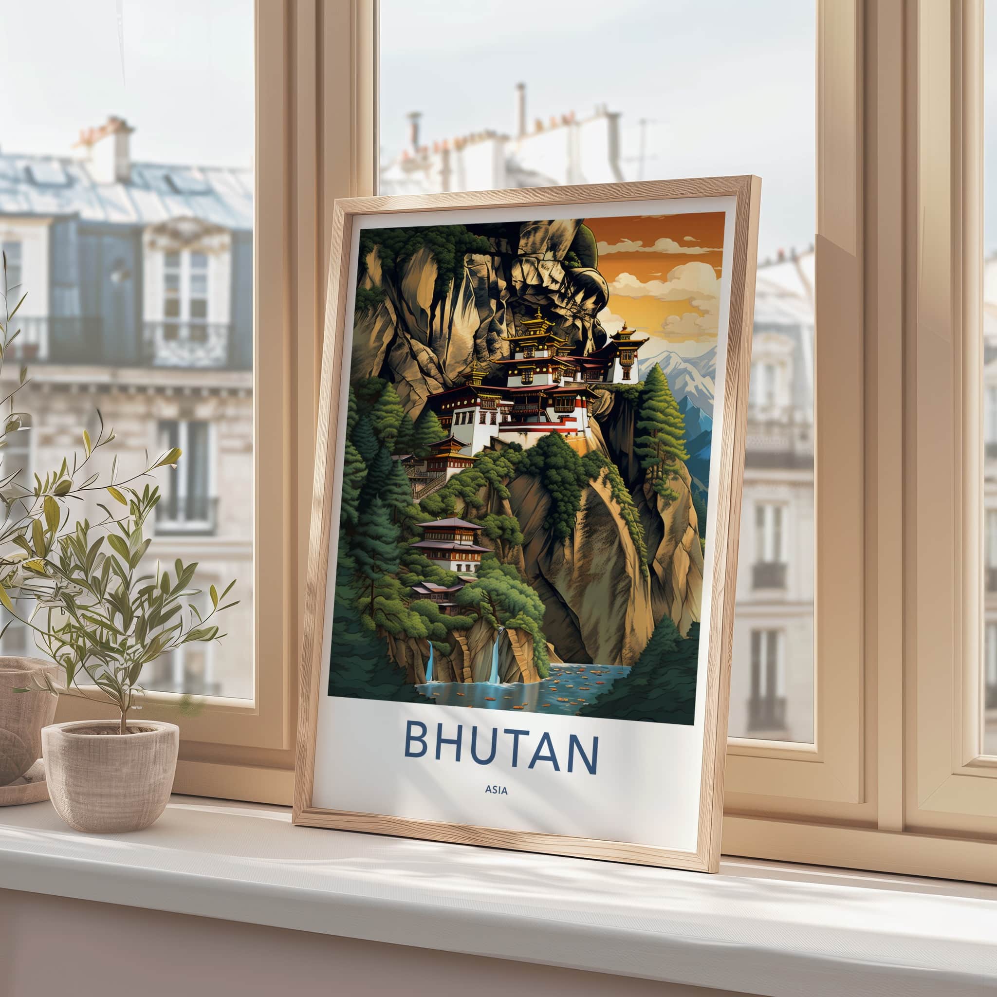 Bhutan Poster - Bhutan Travel Art - Cliffside Monastery Waterfalls Home Decor
