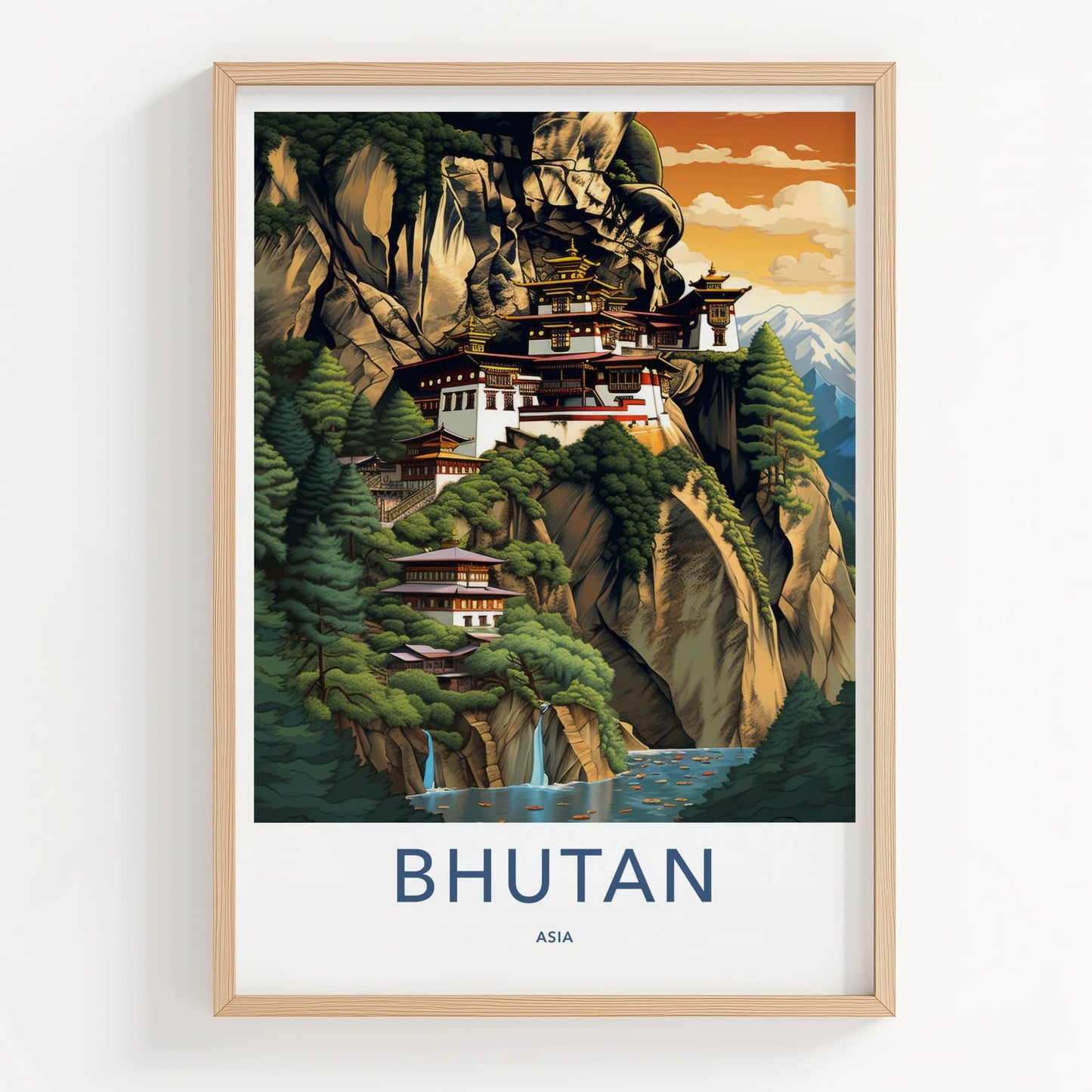 Bhutan Poster - Bhutan Travel Art - Cliffside Monastery Waterfalls Home Decor