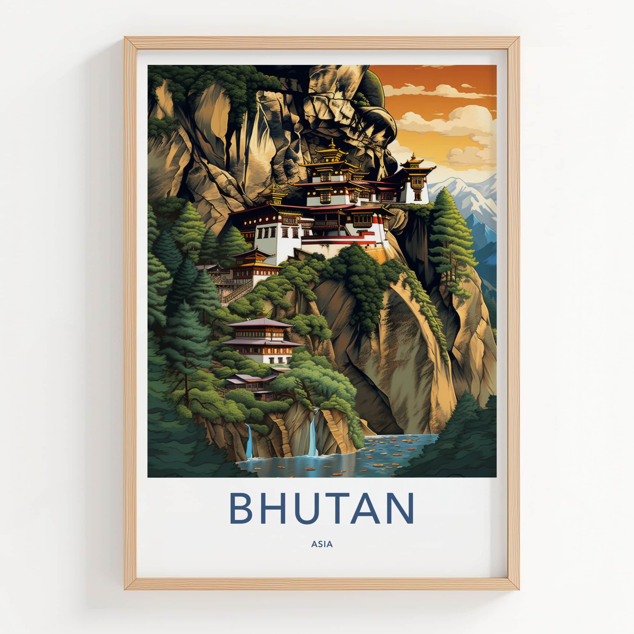 Bhutan Poster - Bhutan Travel Art - Cliffside Monastery Waterfalls Home Decor