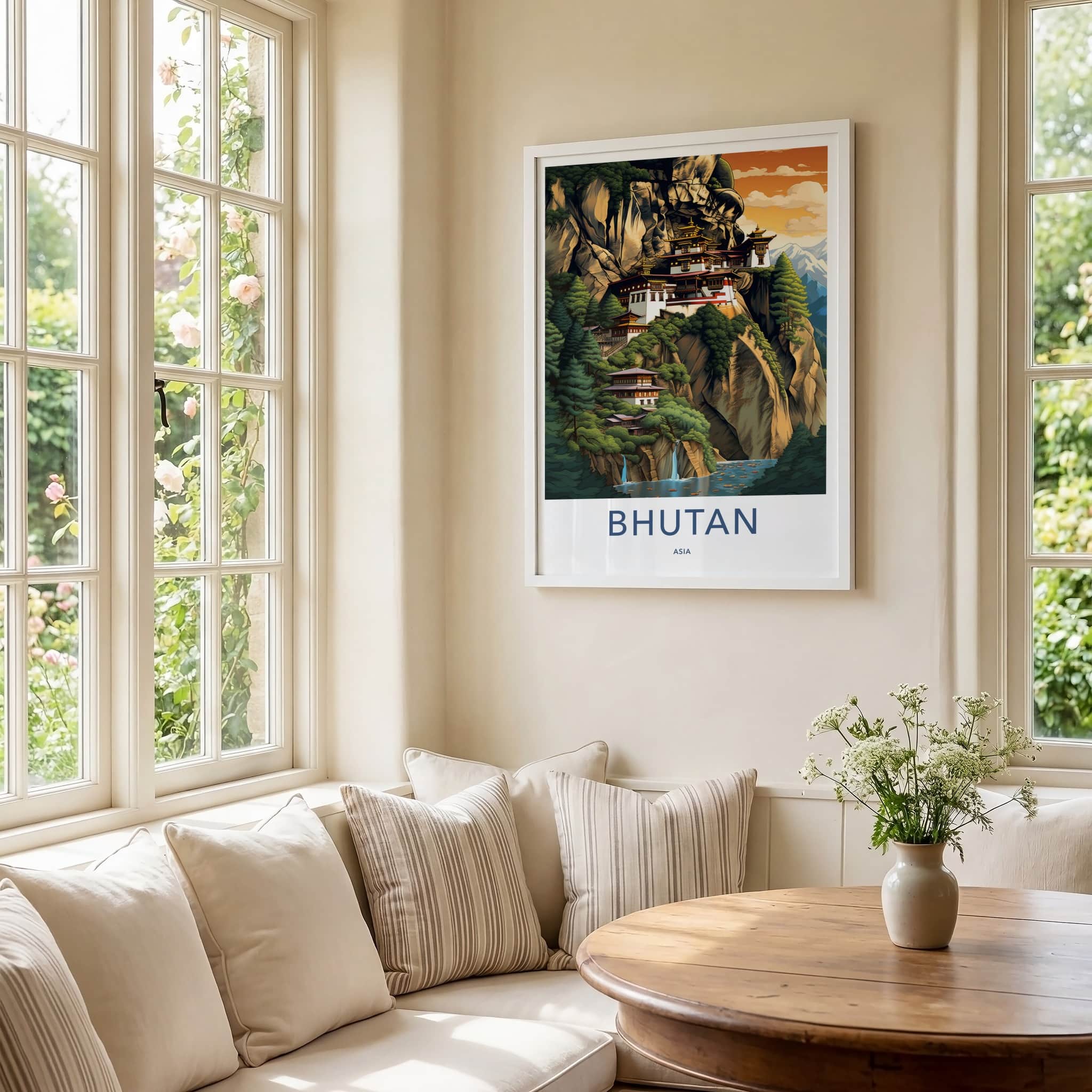 Bhutan Poster - Bhutan Travel Art - Cliffside Monastery Waterfalls Home Decor