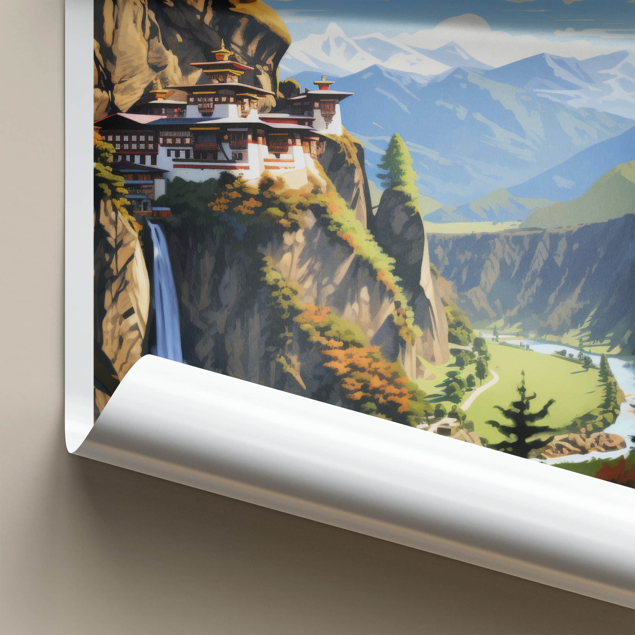 Bhutan Poster - Bhutan Travel Art - Cliffside Temple Waterfall Wall Decor