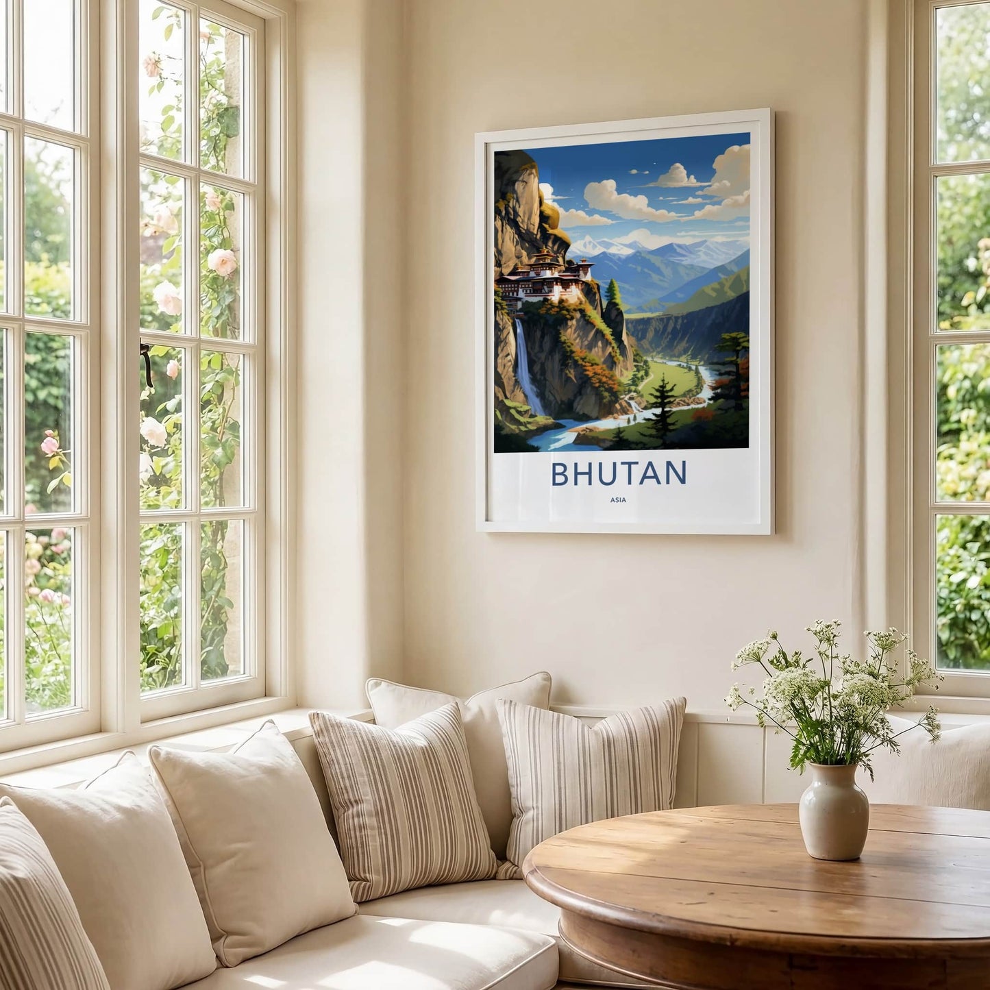 Bhutan Poster - Bhutan Travel Art - Cliffside Temple Waterfall Wall Decor