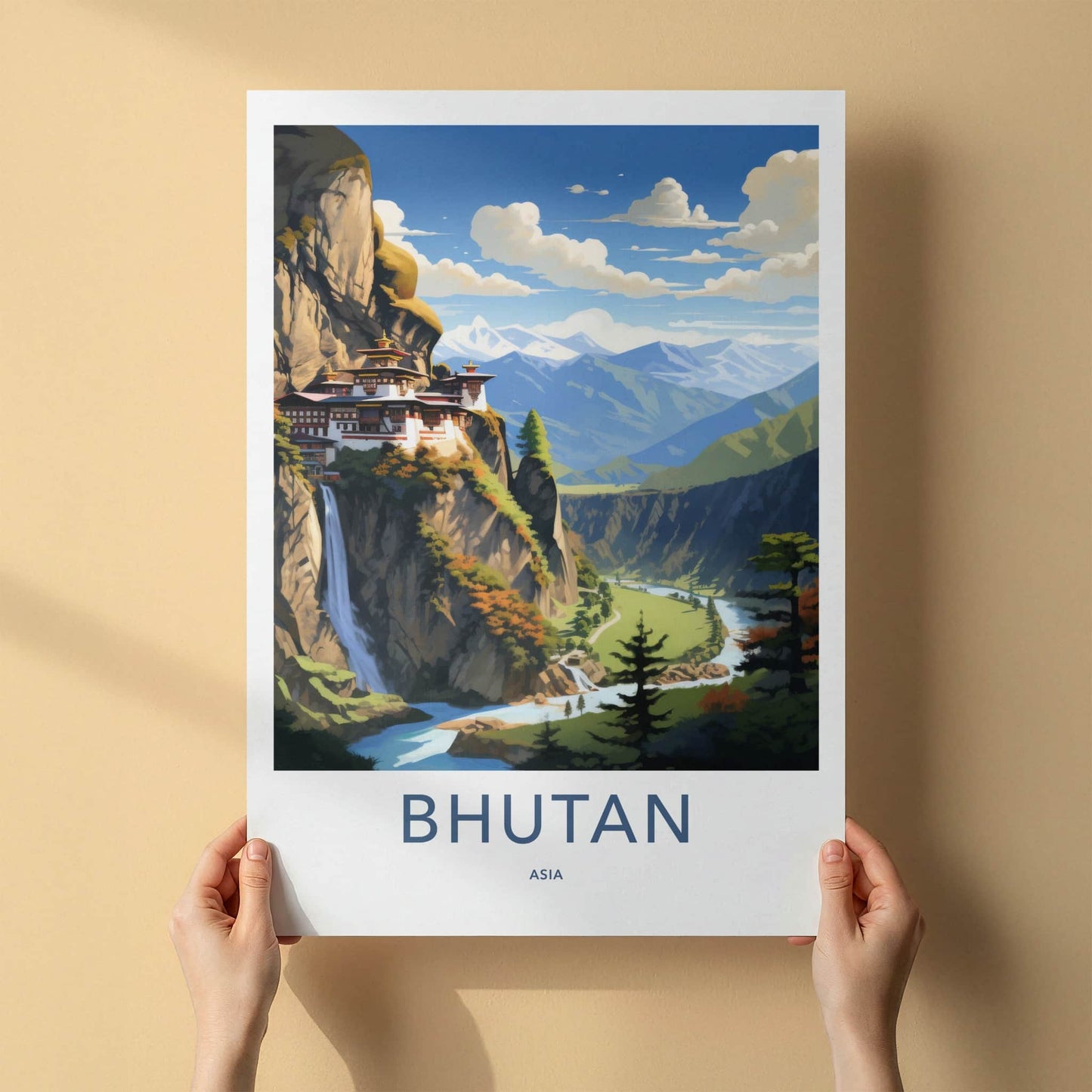 Bhutan Poster - Bhutan Travel Art - Cliffside Temple Waterfall Wall Decor
