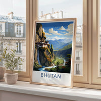 Bhutan Poster - Bhutan Travel Art - Cliffside Temple Waterfall Wall Decor