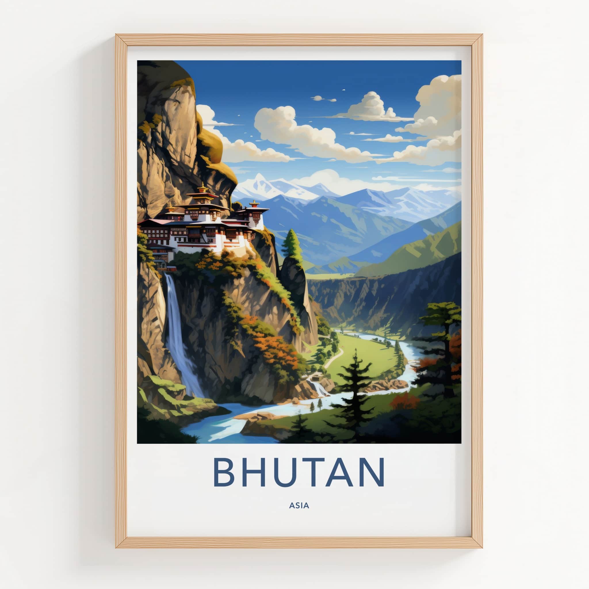 Bhutan Poster - Bhutan Travel Art - Cliffside Temple Waterfall Wall Decor
