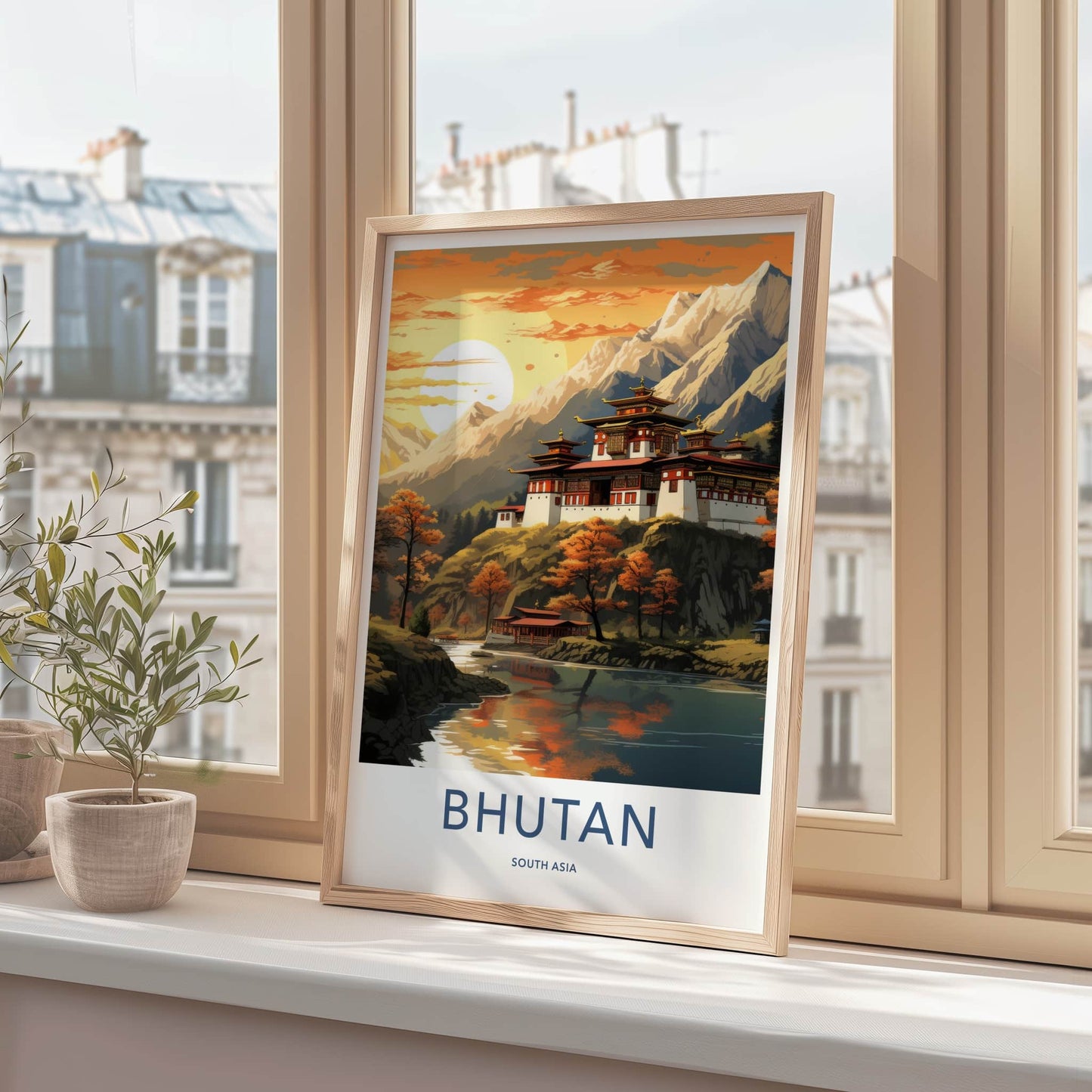 Bhutan Poster - Bhutan Travel Art - Dzong River Sunset Wall Decor