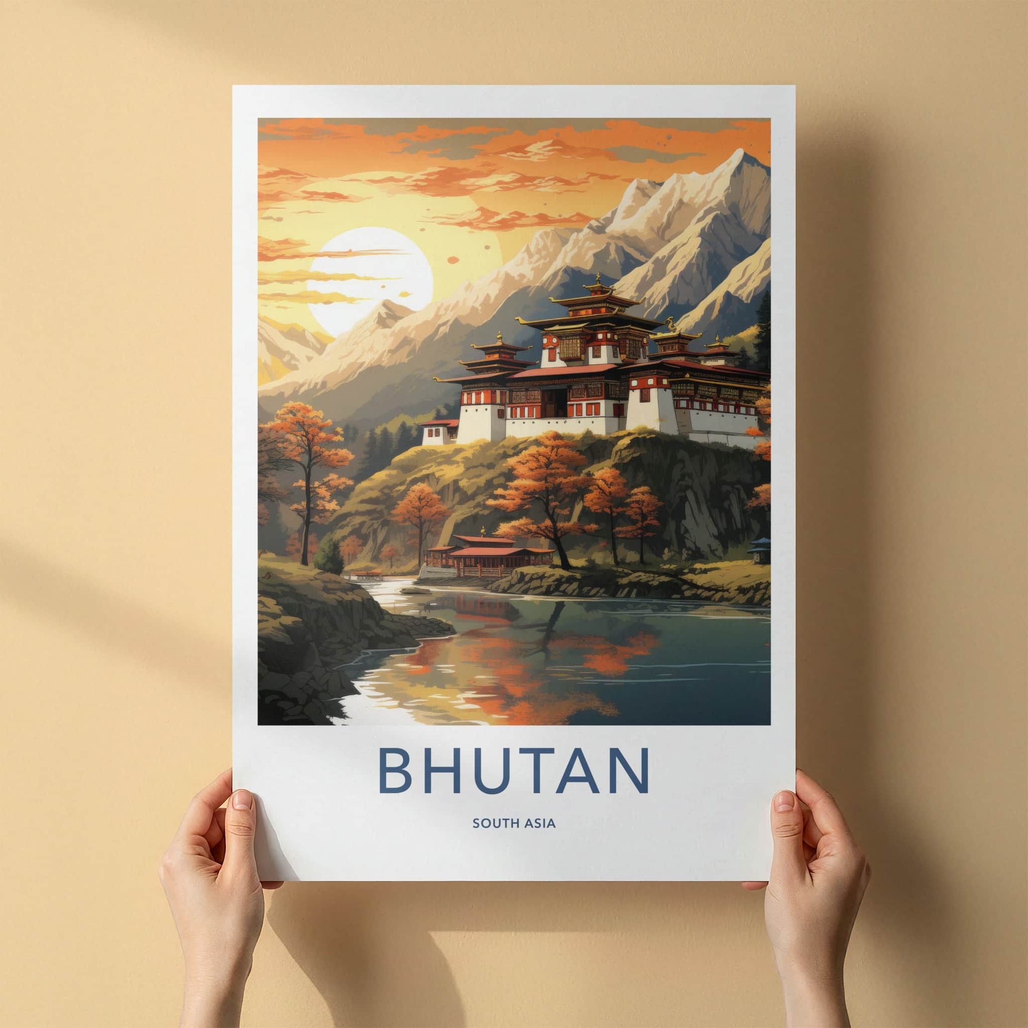 Bhutan Poster - Bhutan Travel Art - Dzong River Sunset Wall Decor