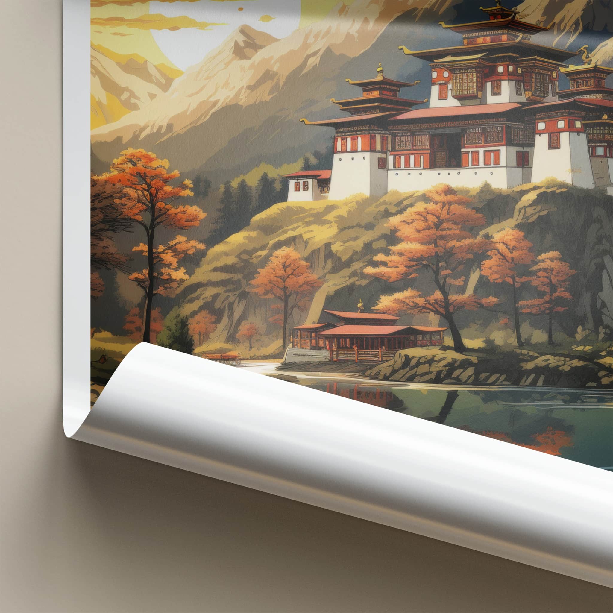 Bhutan Poster - Bhutan Travel Art - Dzong River Sunset Wall Decor