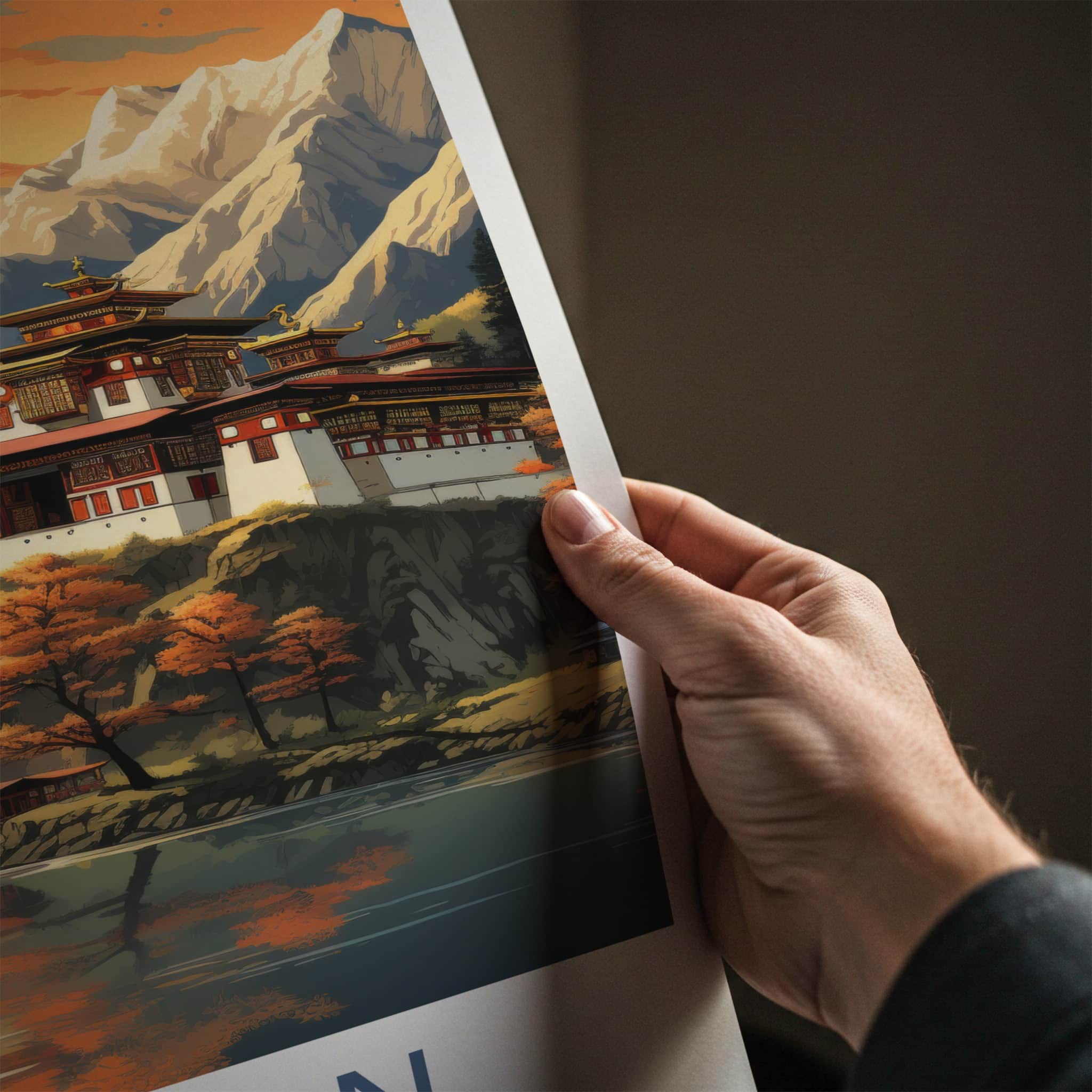 Bhutan Poster - Bhutan Travel Art - Dzong River Sunset Wall Decor