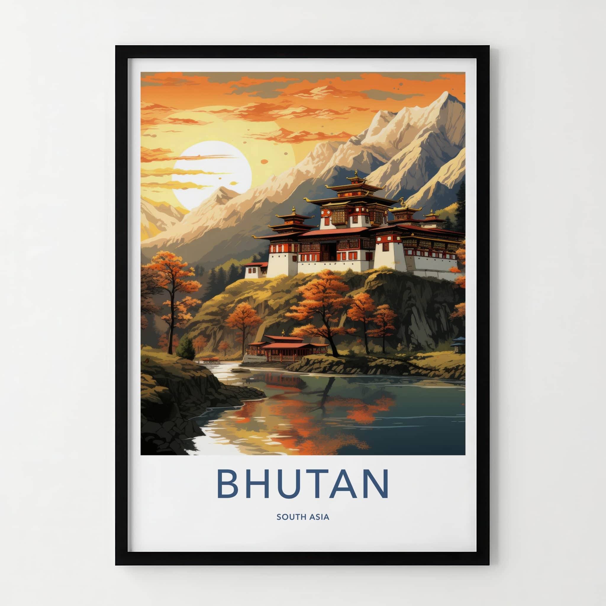 Bhutan Poster - Bhutan Travel Art - Dzong River Sunset Wall Decor