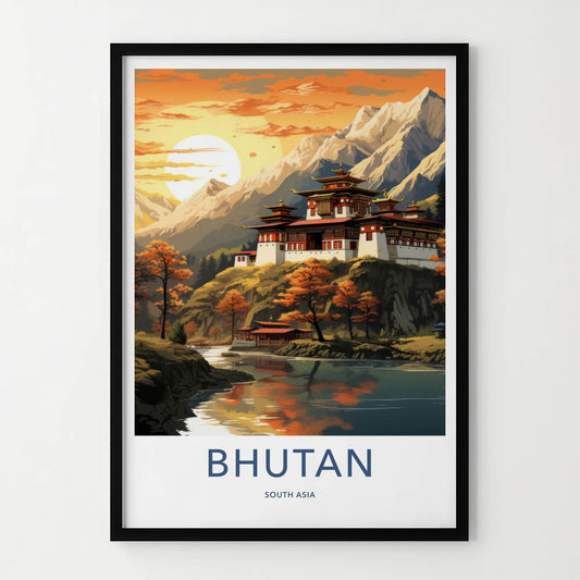Bhutan Poster - Bhutan Travel Art - Dzong River Sunset Wall Decor