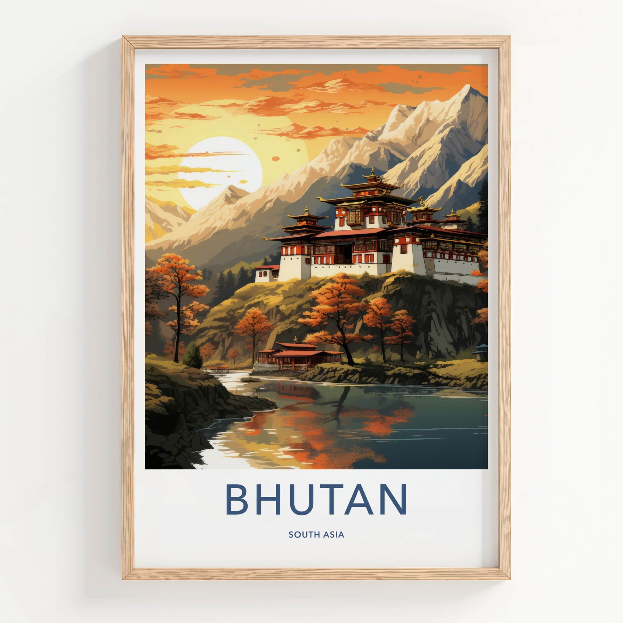 Bhutan Poster - Bhutan Travel Art - Dzong River Sunset Wall Decor
